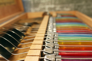 Laguiole Rainbow Flatware in Presentation Box (Set of 24) (5 SETS)—Now 20% off! Cutlery Set Laguiole Brand_Laguiole Cheese Sets Kitchen_Dinnerware Laguiole Loose Mini Rainbow Utensils 7900-54000N_ambient_2_f07f9e3e-b6a0-49f5-90e1-2f787b8f7636
