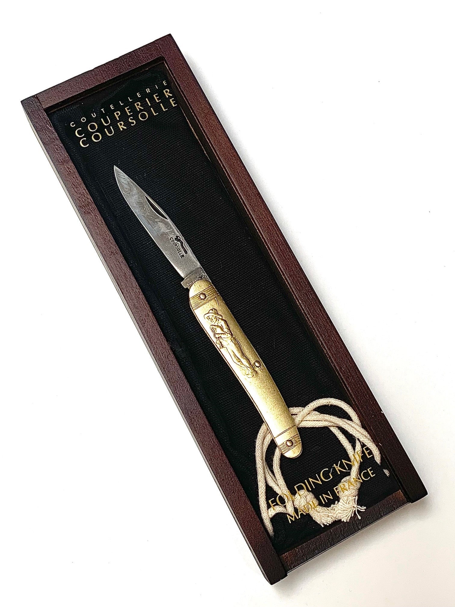 Couperier Coursolle Brass 80mm Single Blade Pocket Knife - Woman + Young Boy Wearing Hat in Wooden Box - Pocket Knives - Couperier Coursolle - Brand_Couperier Coursolle - Kitchen_Dinnerware - Kitchen_Kitchenware - Knife Sets - Laguiole - Spring Collection - 7800LAI220BWB