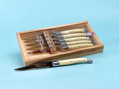 Laguiole Pale Horn Knives in Wooden Box with Acrylic Lid (Set of 6) Cutlery Laguiole Brand_Laguiole Flatware Sets Kitchen_Dinnerware Kitchen_Kitchenware Laguiole 790060540MPHAL