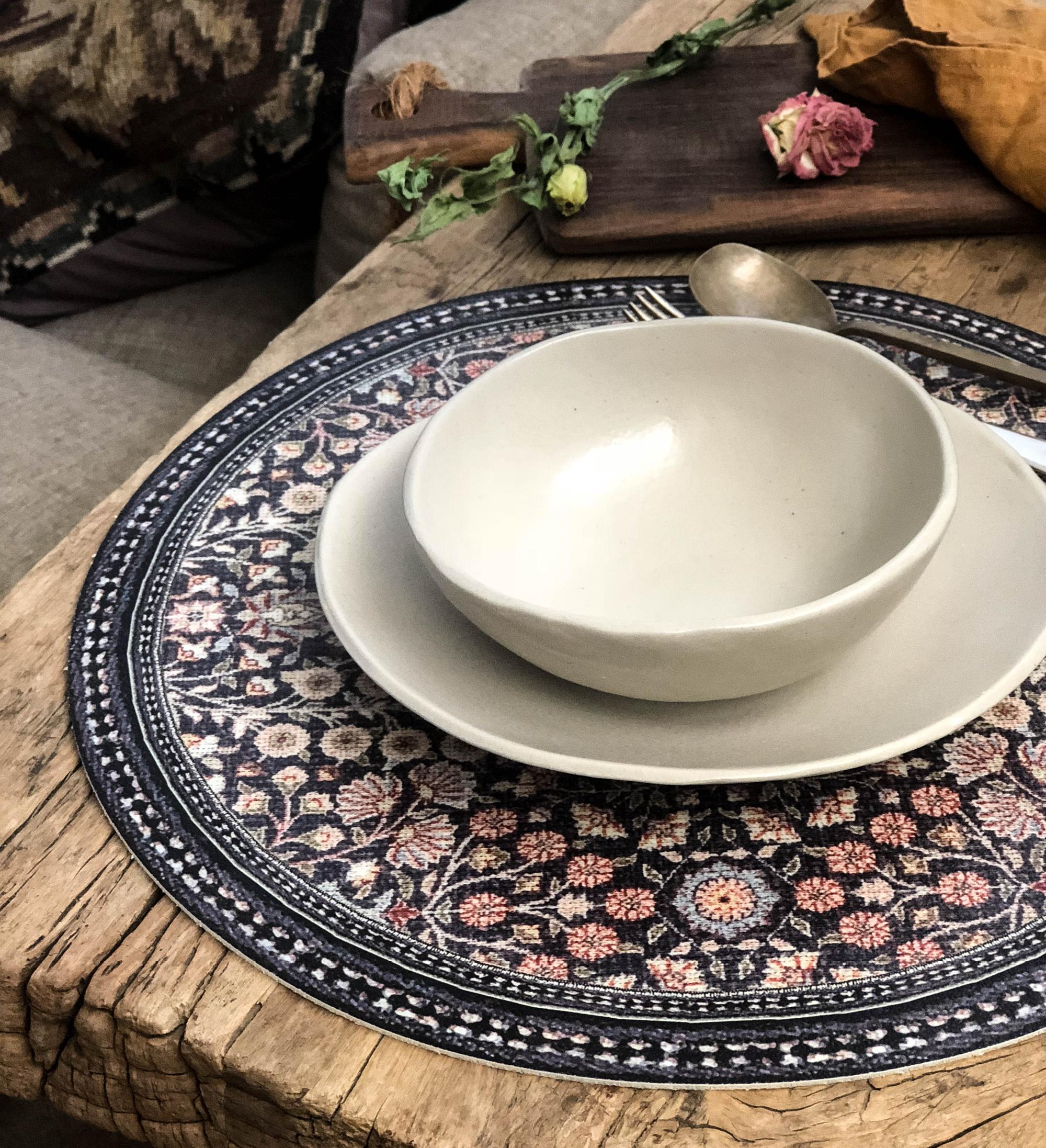 Beija Flor Bohemian Garden Spring Round Placemat (15") Placemats Beija Flor Brand_Beija Flor CLEAN OUT SALE Home_Decor Home_Placemats New Arrivals Bohemian-Garden-Spring-Round-Placemat-Lifestyle2