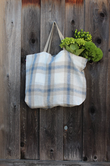 Cassandre Blue Plaid Thieffry Linen Shopping Bag with Braided Handle and Inner Zipper Pocket - Textile - Thieffry - Brand_Thieffry - New Arrivals - Shopping Bags - Textiles_Tote Bags - Thieffry - IMG_0608