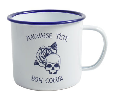 Tattoo Collection "Mauvaise tete, Bon Coeur" Enamel Mug Orban & Sons Brand_Orban & Sons CLEAN OUT SALE Kitchen_Drinkware Mauvaise_Tete_Bon_Coeur_mug