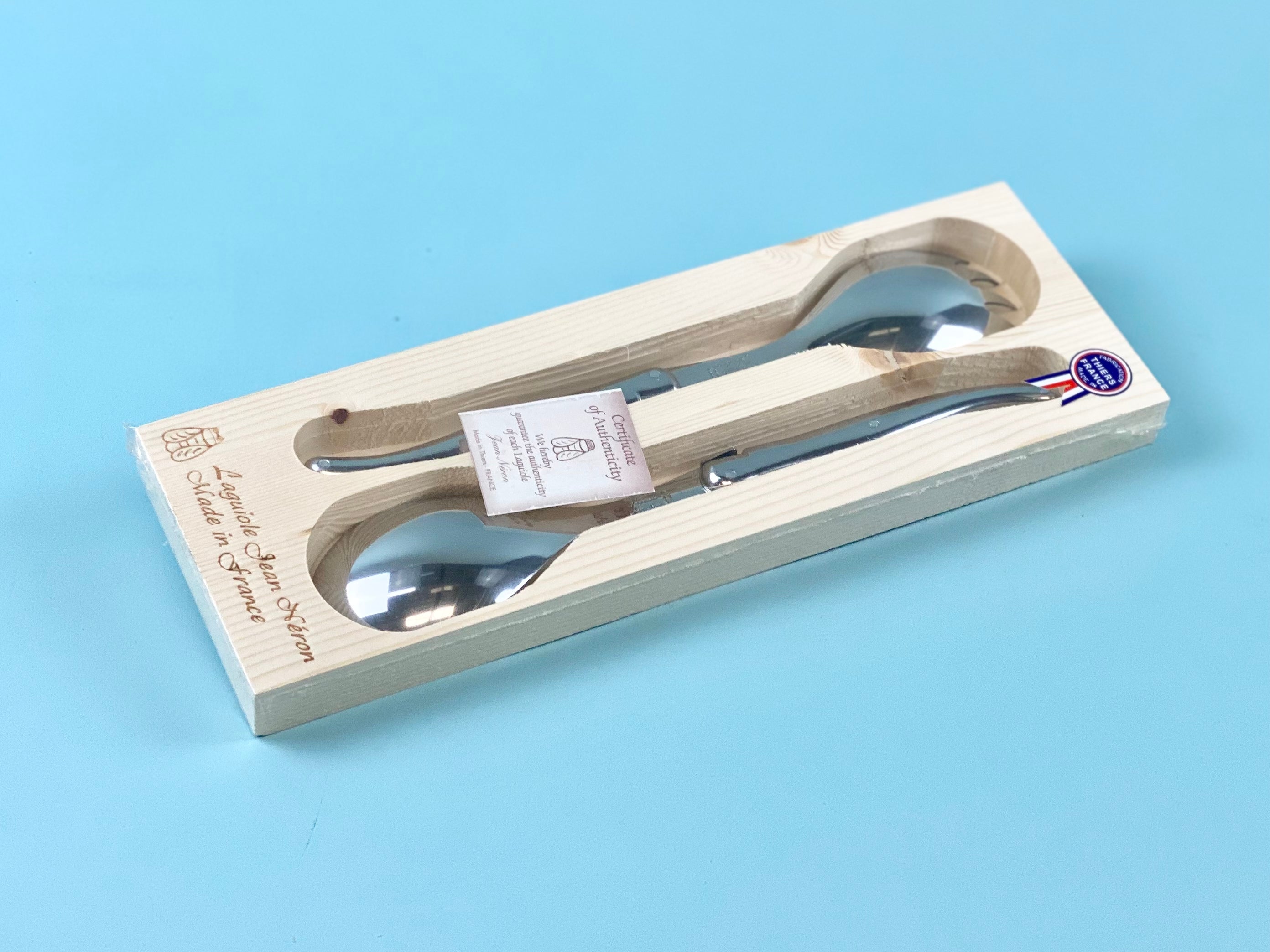 Laguiole Platine Salad Serving Set Stainless Steel in Wood Box (Set of 2) Cutlery Set Laguiole Brand_Laguiole Cheese Sets Kitchen_Dinnerware Laguiole Loose Mini Rainbow Utensils Serveware NR790123549PSS