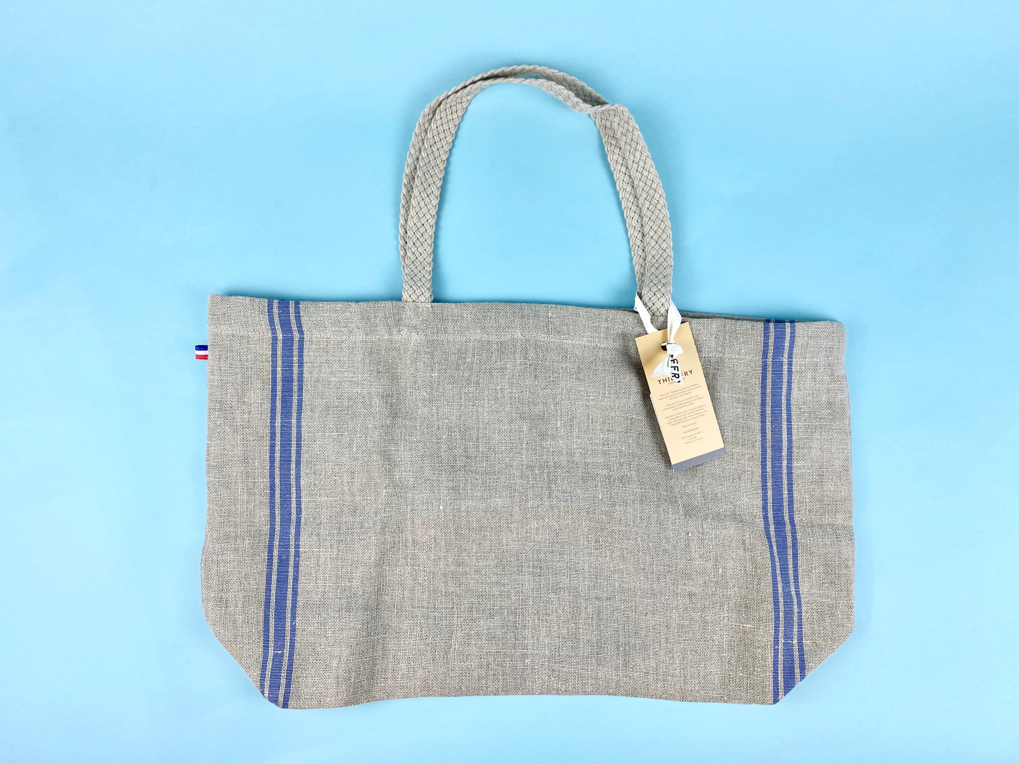 Monogramme Blue Thieffry Linen Shopping Bag with Braided Handle and Inner Zipper Pocket - Textile - Thieffry - Brand_Thieffry - New Arrivals - Shopping Bags - Textiles_Tote Bags - Thieffry - PhotoJul27_110824AM