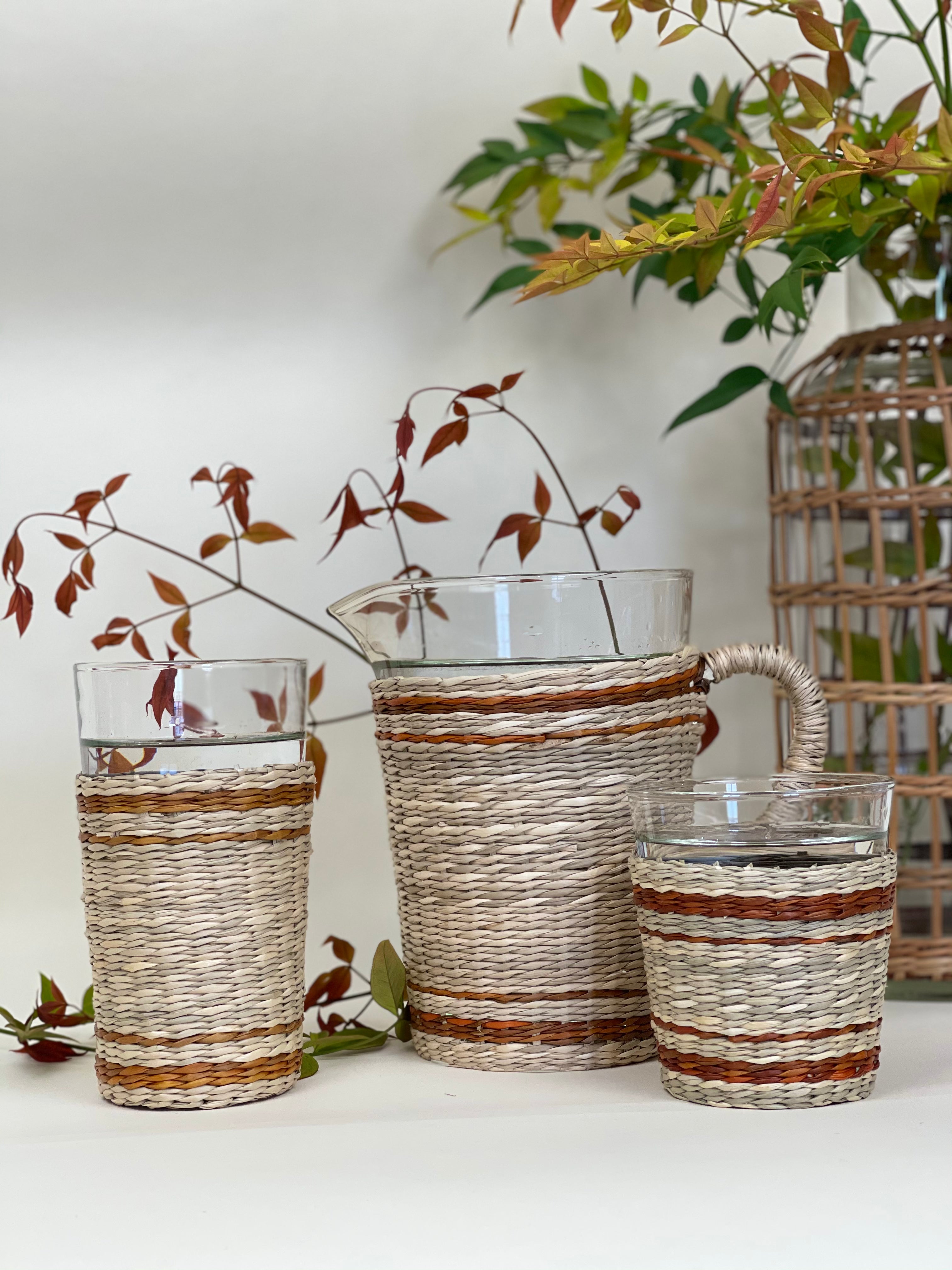 Brown Striped Seagrass Wide Tumbler (Now 25% off!) Glass Seagrass Brand_Seagrass & Rattan Kitchen_Drinkware lm New Arrivals Seagrass Summer Clean Up summer sale Tumblers & Highballs sepiaambiance2