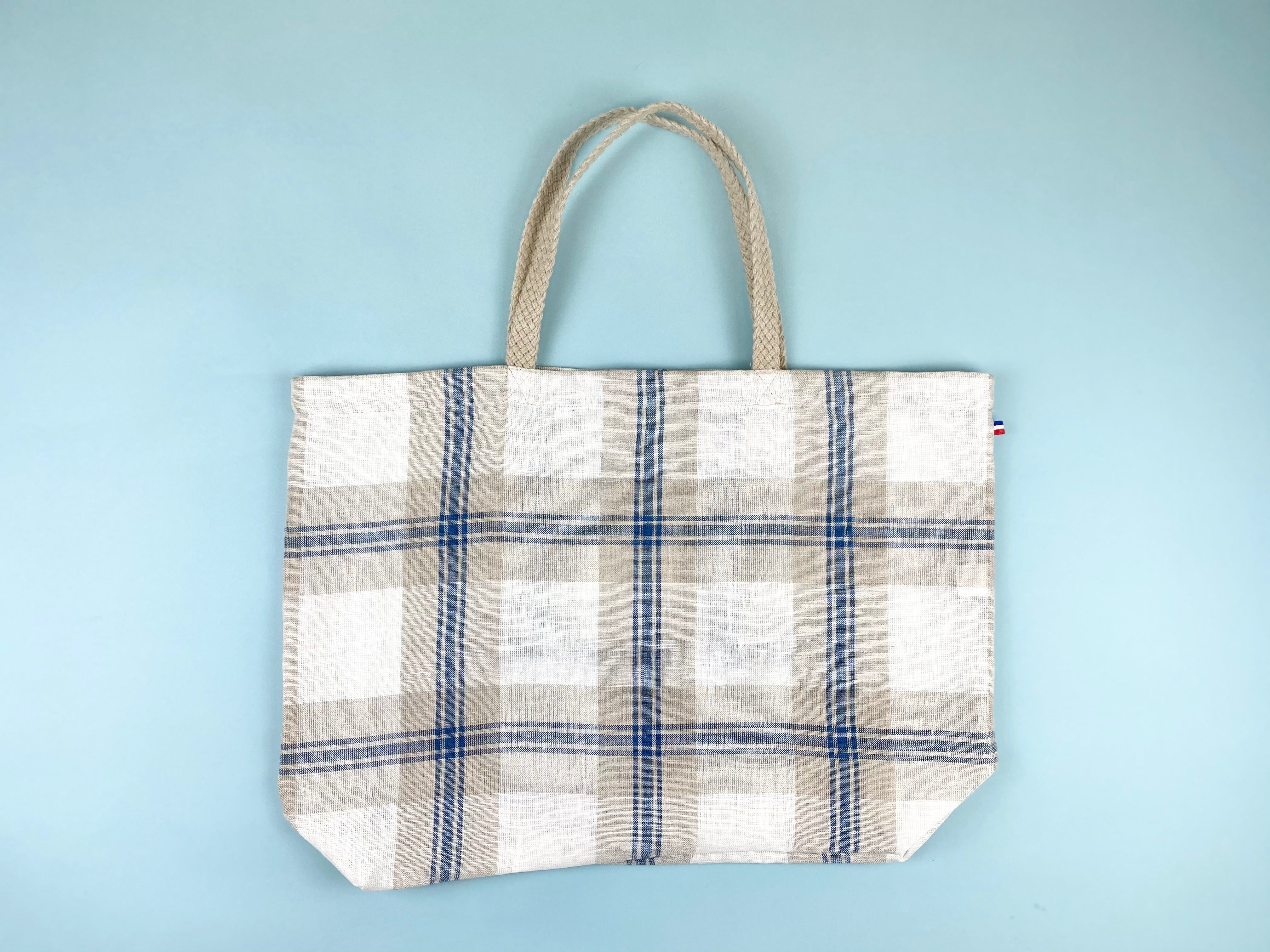Cassandre Blue Plaid Thieffry Linen Shopping Bag with Braided Handle and Inner Zipper Pocket - Textile - Thieffry - Brand_Thieffry - New Arrivals - Shopping Bags - Textiles_Tote Bags - Thieffry - 7414-1001CassandreBluePlaidThieffryShoppingBag_BraidedHandle_ZipperPocket