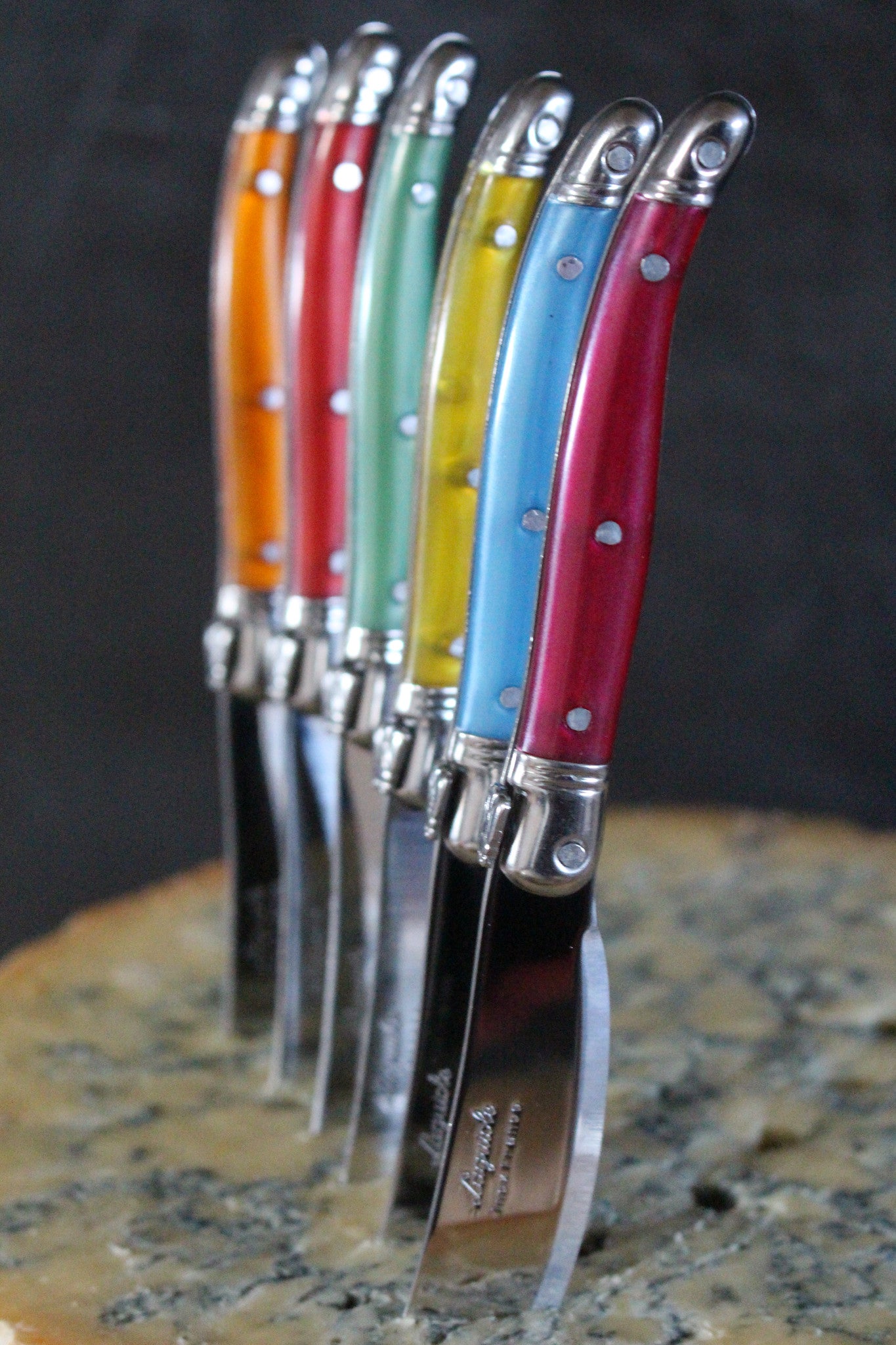 Laguiole Rainbow Mini Cheese Spreaders (Set of 12) Cutlery Laguiole Brand_Laguiole Cheese Sets Kitchen_Dinnerware Kitchen_Kitchenware Laguiole Loose Mini Rainbow Utensils Rainbow 7900-10545_ambient