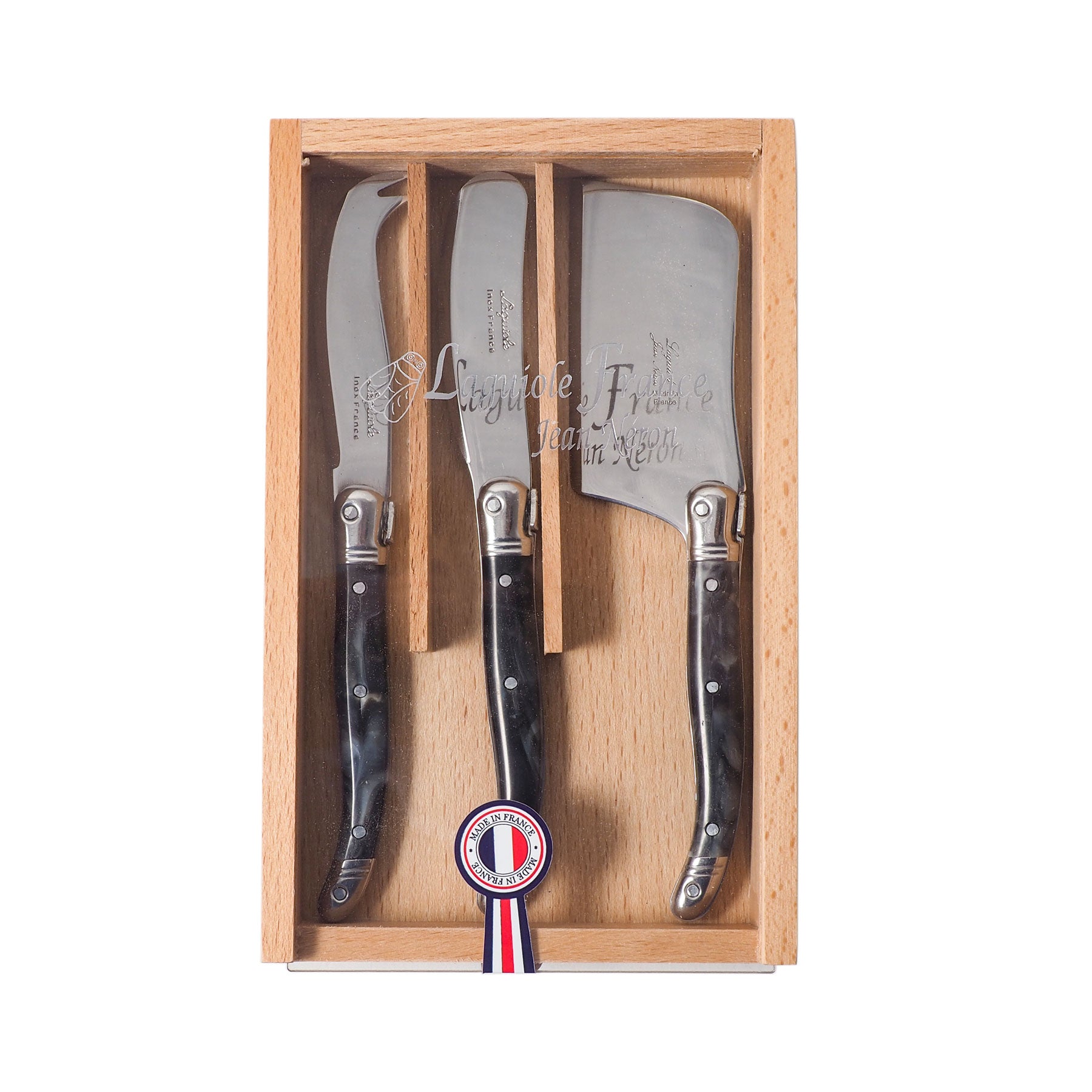Laguiole Mini Black Marble Cheese Set in Wooden Box with Acrylic Lid (Set of 3) Cutlery Set Laguiole Brand_Laguiole Cheese Sets Gift Sets Kitchen_Dinnerware Kitchen_Kitchenware Laguiole Loose Mini Rainbow Utensils Mini Cheese Sets 7900-3300_BM-Laguiole-Black-Marble-Set-of-3