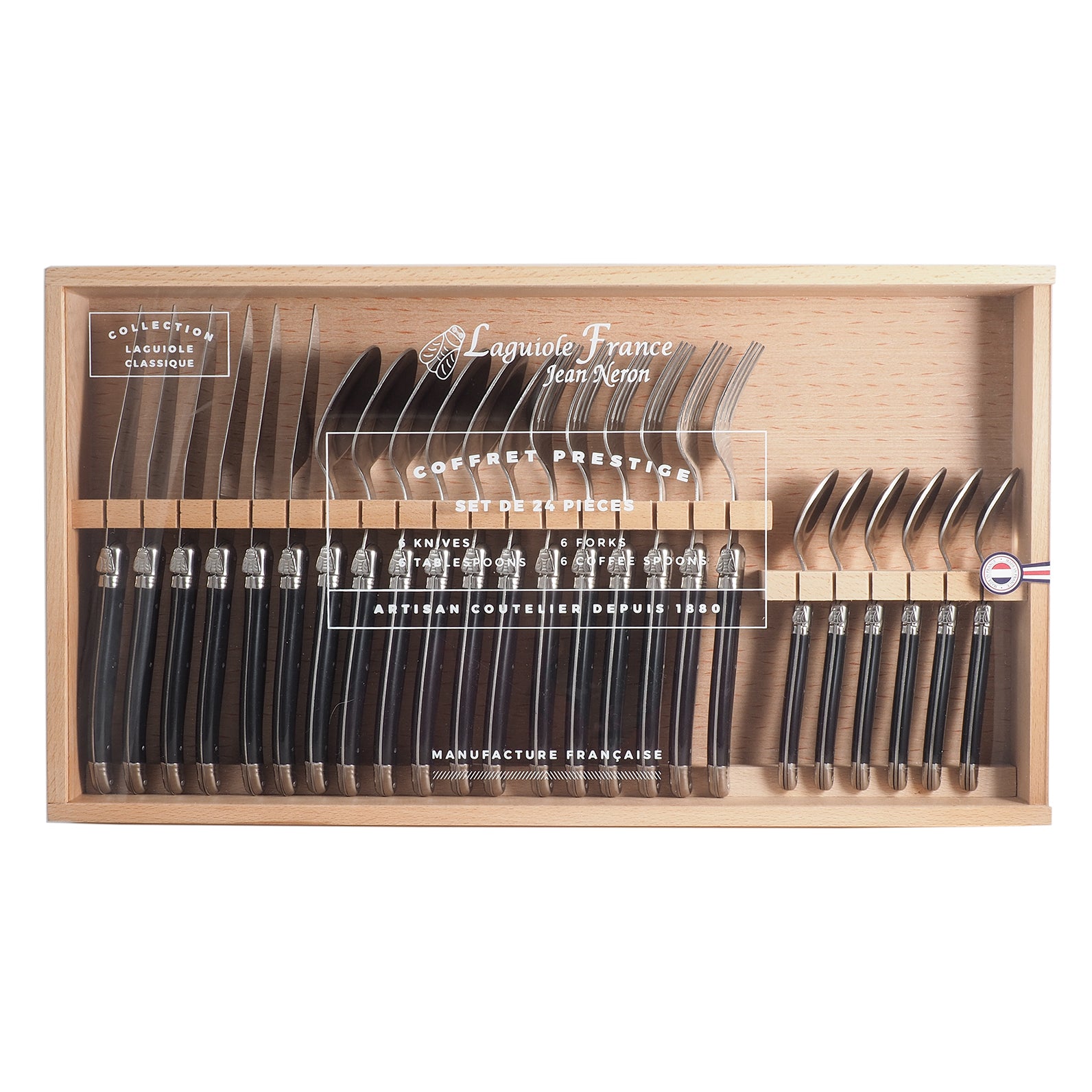 Laguiole Black Flatware in Wooden Box with Acrylic Lid (Set of 24) Cutlery Set Laguiole Brand_Laguiole Knife Sets Laguiole Spring Collection 7900-54000W_BLK_AL-Laguiole-Black-Flatware-in-Wooden-Box-with-Acrylic-Lid-_Set-of-24