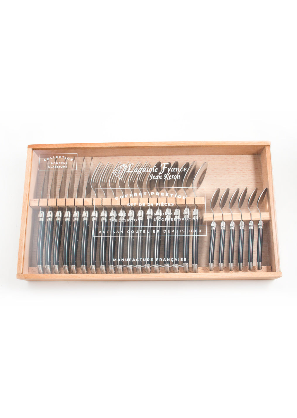 Laguiole Black Flatware in Wooden Box with Acrylic Lid (Set of 24) Cutlery Set Laguiole Brand_Laguiole Knife Sets Laguiole Spring Collection 7900-54000W_BLK_AL