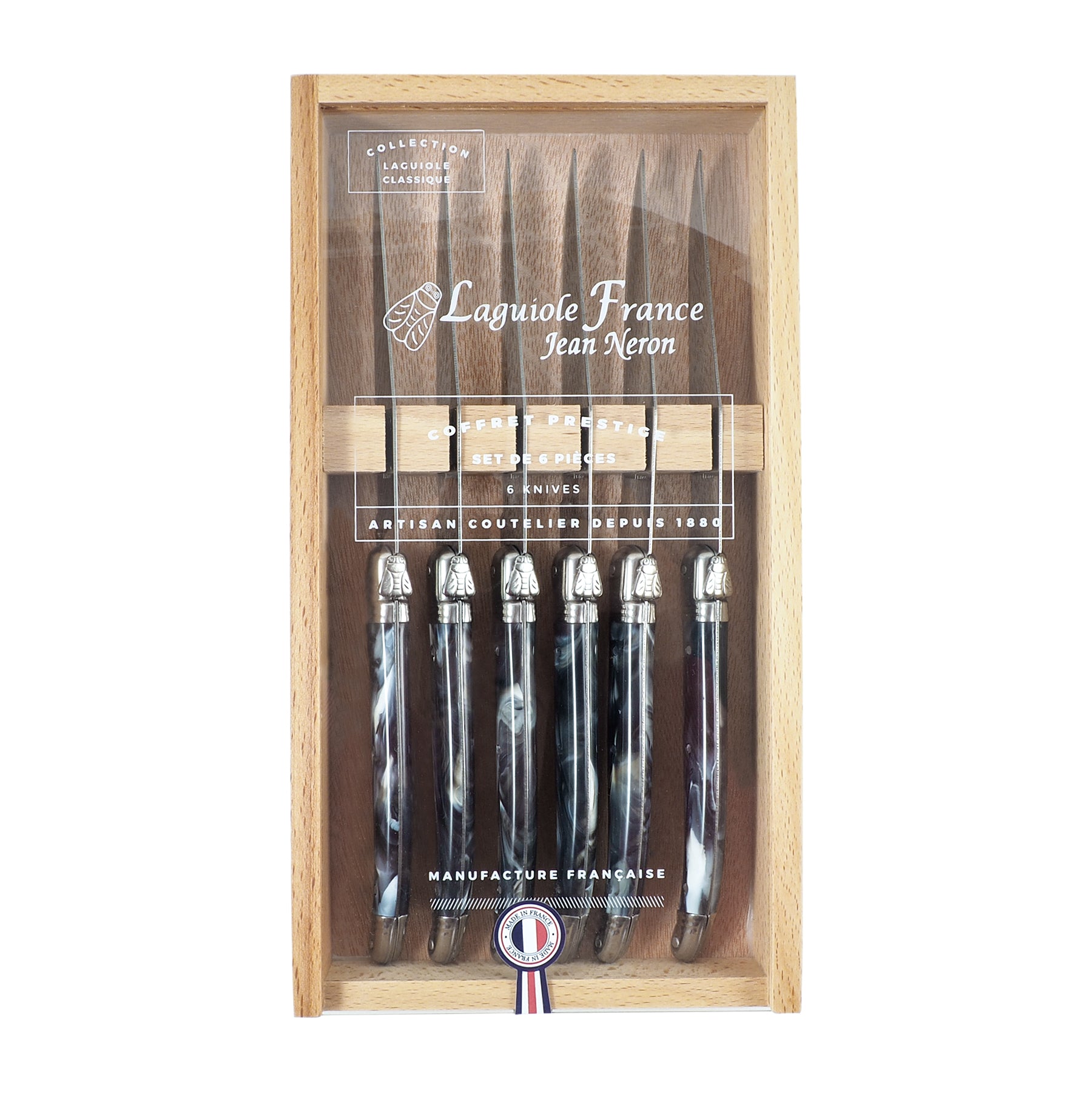 Laguiole Black Marble Knives in Wooden Box with Acrylic Lid (Set of 6) Cutlery Laguiole Brand_Laguiole Kitchen_Dinnerware Kitchen_Kitchenware Knife Sets Laguiole Spring Collection 7900-54000_BM_AL-Laguiole-Black-Marble-Knives-in-Wooden-Box-with-Acrylic-Lid-_Set-of-6