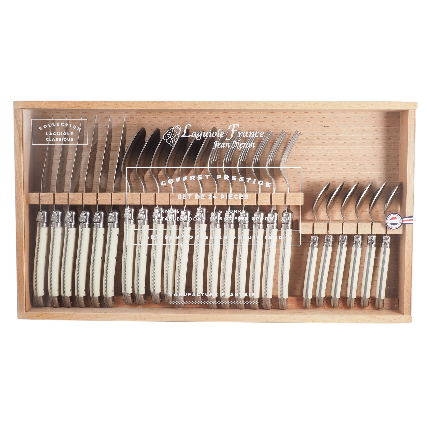 Laguiole Ivory Flatware in Wooden Box with Acrylic Lid (Set of 24) Cutlery Set Laguiole Brand_Laguiole Carving Sets Kitchen_Dinnerware Laguiole 7900-54000_I_AL-Laguiole-Ivory-Flatware-in-Wooden-Box-with-Acrylic-Lid-_Set-of-24
