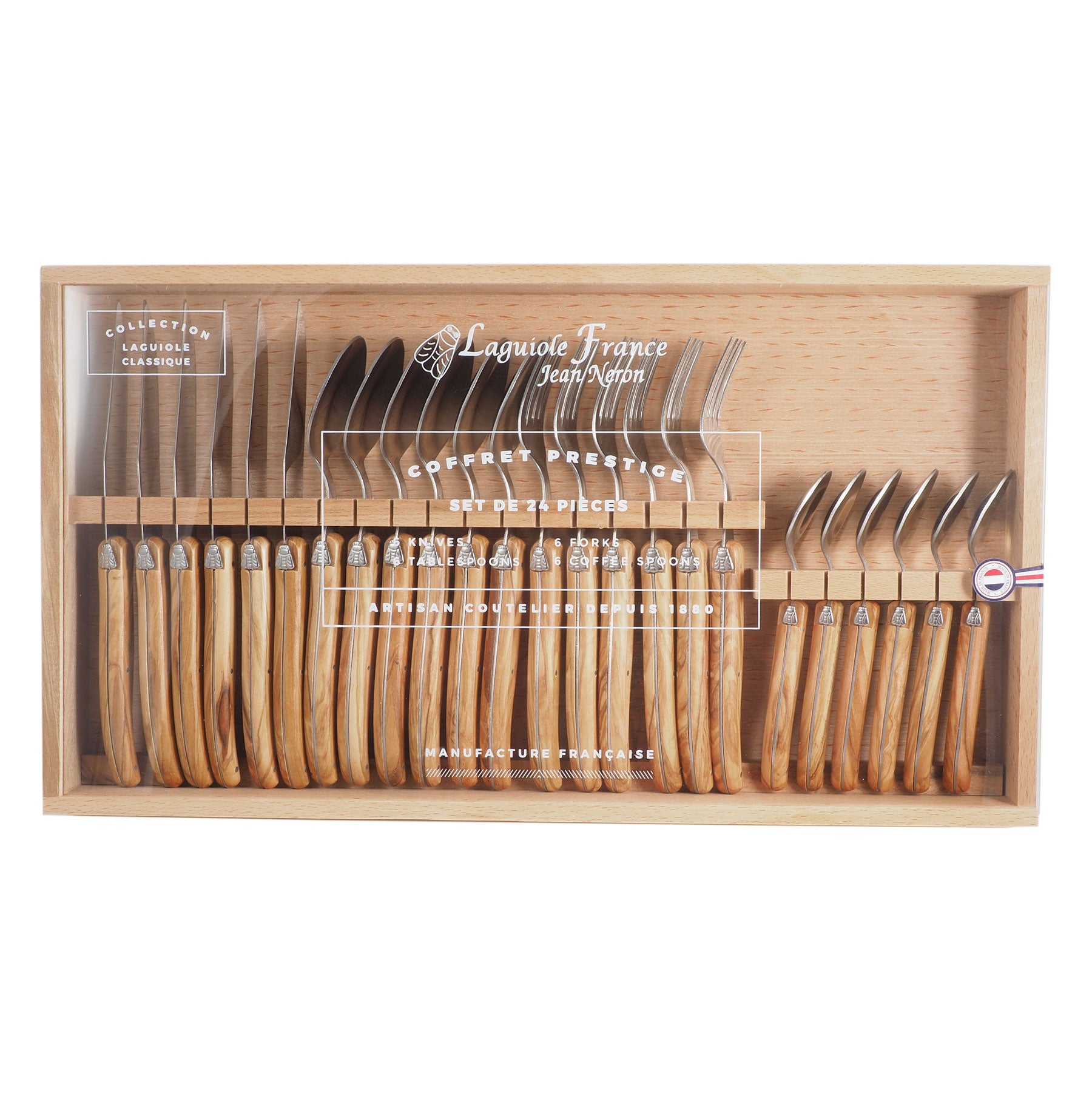 Laguiole Olivewood Flatware in Wooden Box with Acrylic Lid (Set of 24) Cutlery Set Laguiole Brand_Laguiole Carving Sets Kitchen_Dinnerware Laguiole 7900-54000_OL_AL_Laguiole-Olivewood-Set-of-24-Flatware