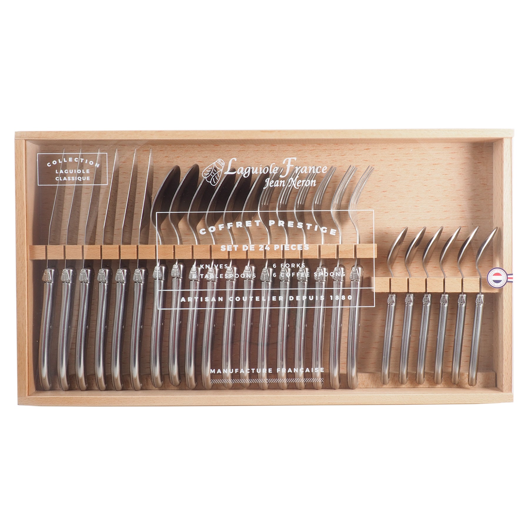 Laguiole Stainless Steel Flatware in Wooden Box with Acrylic Lid (Set of 24) Cutlery Set Laguiole Brand_Laguiole Flatware Sets Kitchen_Dinnerware Laguiole 7900-54000_SS_AL_Laguiole-Stainless-Steel-Set-of-24-Flatware