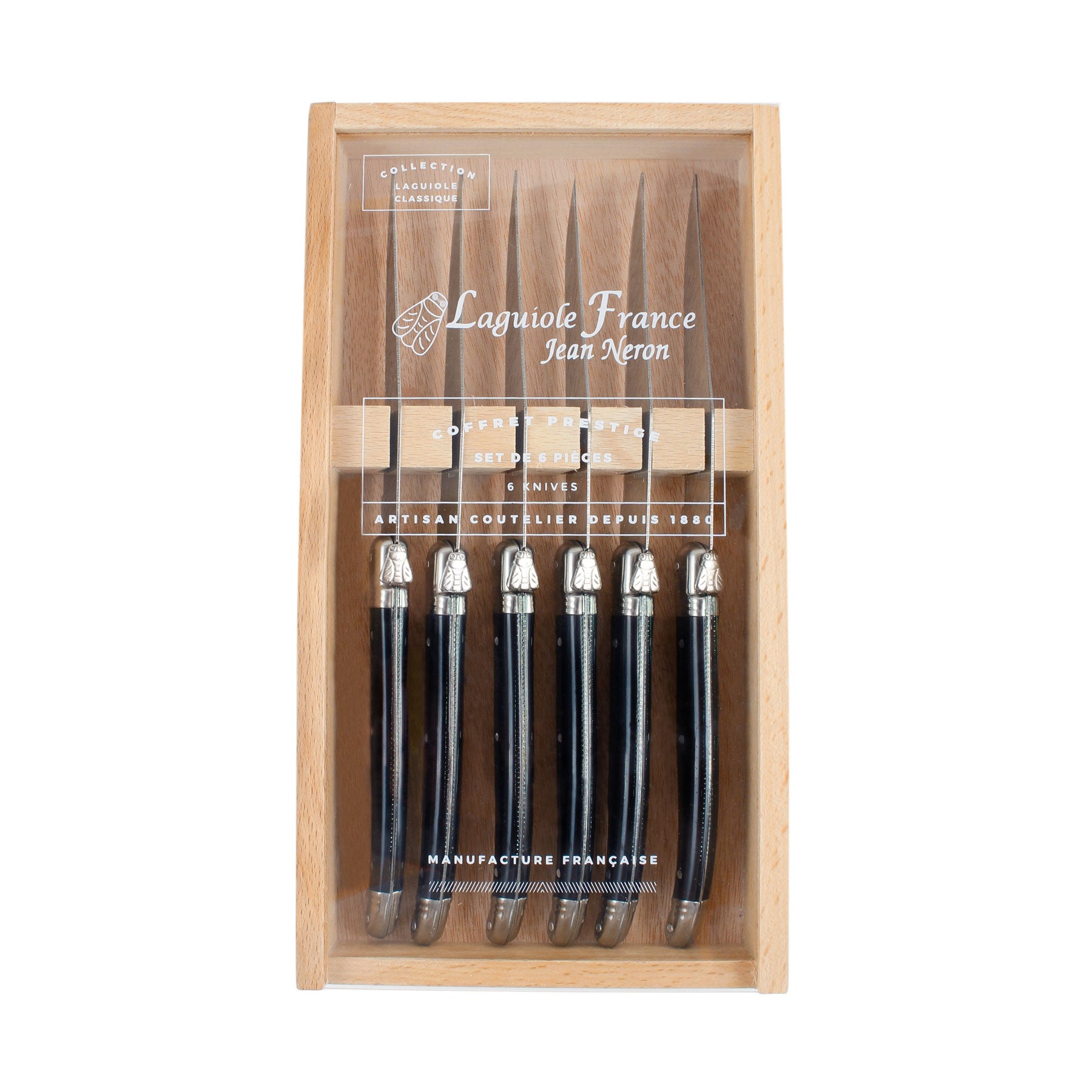 Laguiole Black Platine Knives in Wooden Box with Acrylic Lid (Set of 6) Cutlery Laguiole Brand_Laguiole Kitchen_Dinnerware Kitchen_Kitchenware Knife Sets Laguiole Spring Collection 7900-60540M_BK_AL-Laguiole-Black-Knives-in-Wooden-Box-with-Acrylic-Lid-_Set-of-6__Web_Platine