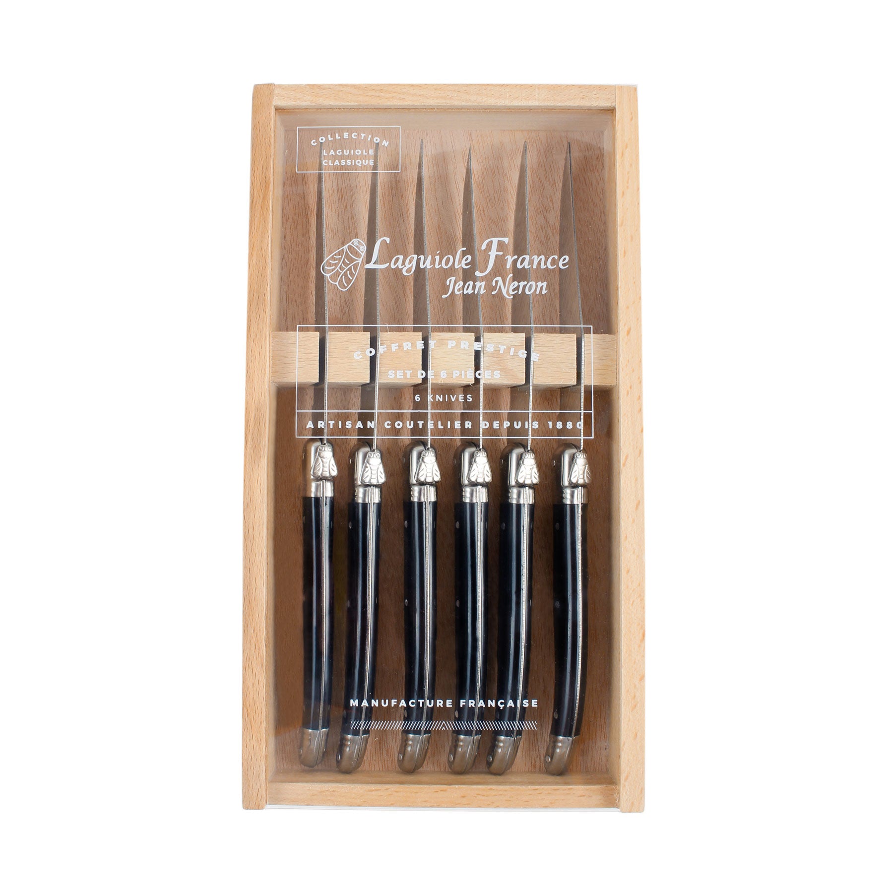 Laguiole Black Knives in Wooden Box with Acrylic Lid (Set of 6) Cutlery Laguiole Brand_Laguiole Kitchen_Dinnerware Kitchen_Kitchenware Knife Sets Laguiole Spring Collection 7900-60540M_BK_AL-Laguiole-Black-Knives-in-Wooden-Box-with-Acrylic-Lid-_Set-of-6__Web_edit