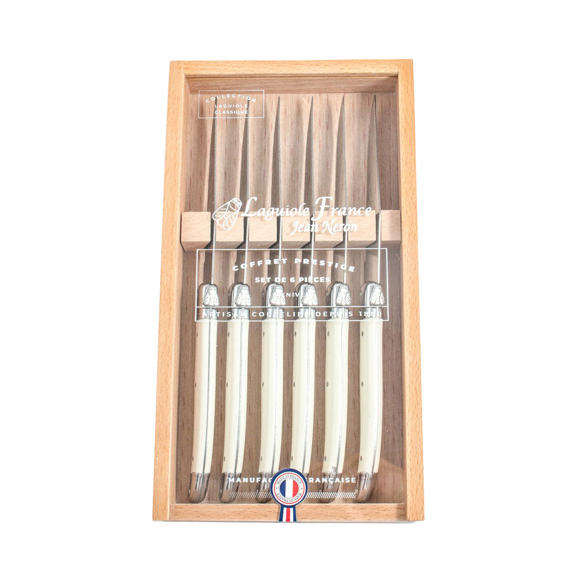 Laguiole Ivory Knives in Wooden Box with Acrylic Lid (Set of 6) Cutlery Laguiole Brand_Laguiole Kitchen_Dinnerware Kitchen_Kitchenware Knife Sets Laguiole Spring Collection 7900-60540M_I_AL-Laguiole-Ivory-Knives-Set-of-6-with-Acrylic-Lid_Web
