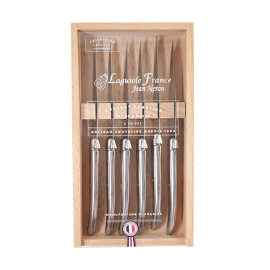 Laguiole Stainless Steel Platine Knives in Wooden Box with Acrylic Lid (Set of 6) Cutlery Laguiole Brand_Laguiole Flatware Sets Kitchen_Dinnerware Kitchen_Kitchenware Laguiole 7900-63540M_SS_AL-Laguiole-Stainless-Steel-Knives-in-Wooden-Box-with-Acrylic-Lid-_Set-of-6__Platine
