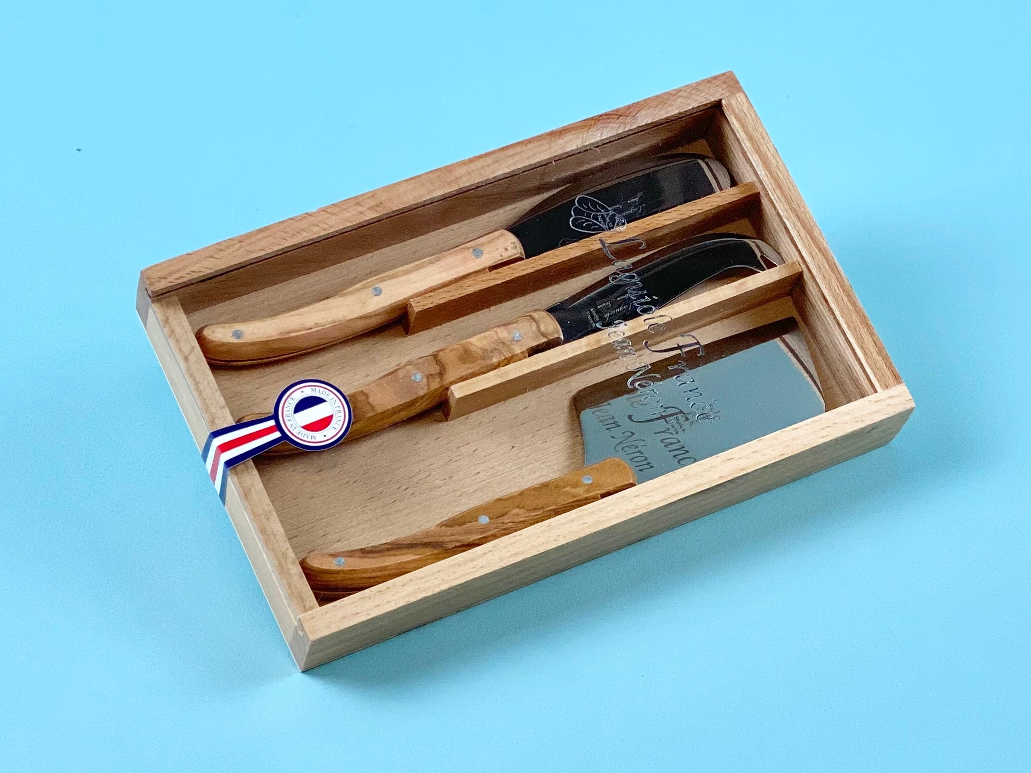 Laguiole 3 Piece Olivewood Mini Cheese Set in Wooden Box – French Dry Goods