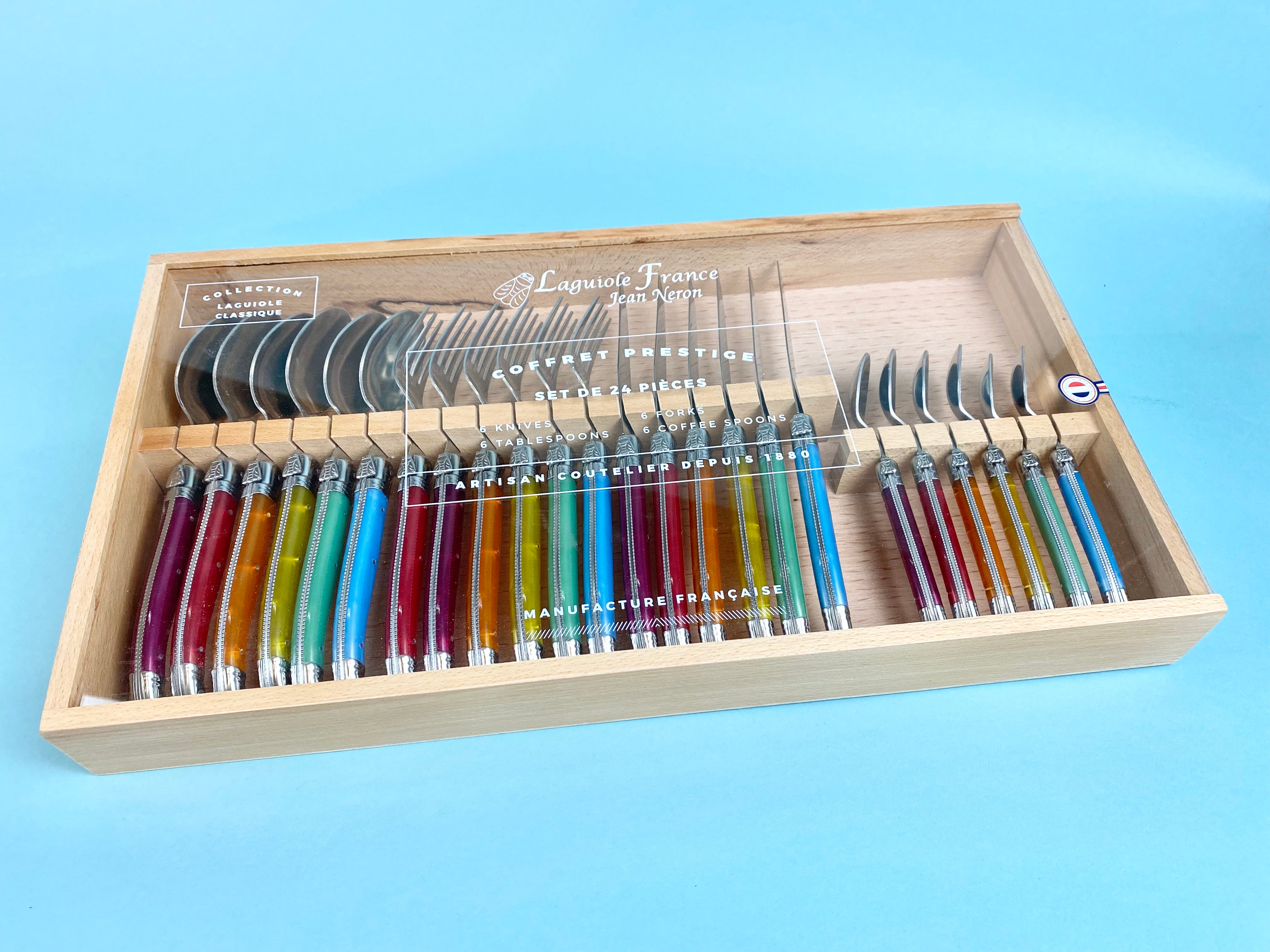Laguiole Rainbow Flatware in Wooden Box with Acrylic Lid (Set of 24) Cutlery Set Laguiole Brand_Laguiole Cheese Sets Kitchen_Dinnerware Laguiole Loose Mini Rainbow Utensils 790054000WNAL