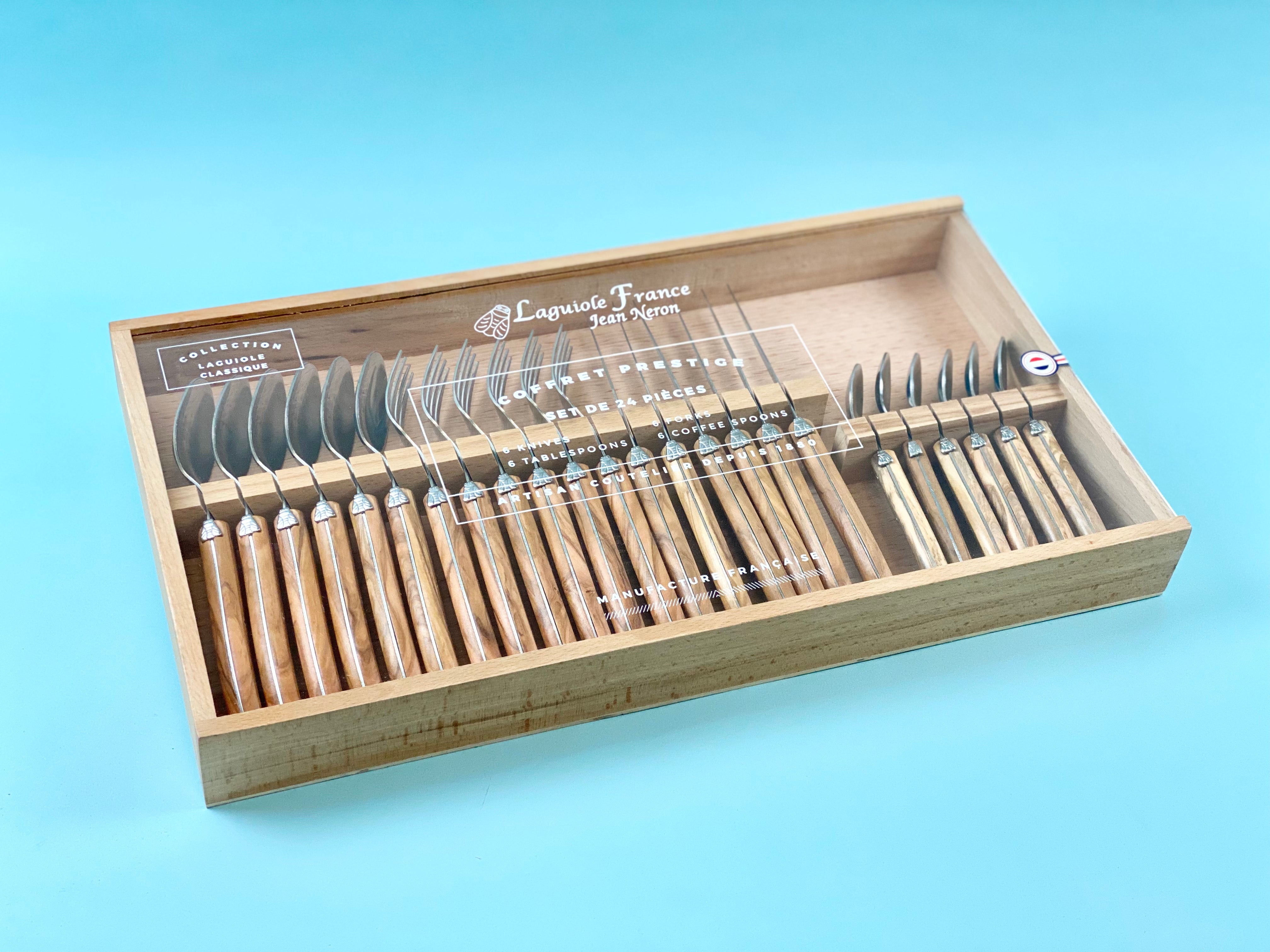 Laguiole Olivewood Flatware in Wooden Box with Acrylic Lid (Set of 24) Cutlery Set Laguiole Brand_Laguiole Carving Sets Kitchen_Dinnerware Laguiole 790054000WOLAL