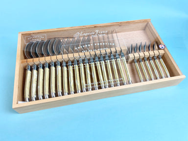 Laguiole Pale Horn Flatware in Wooden Box with Acrylic Lid (Set of 24) Cutlery Set Laguiole Brand_Laguiole Cheese Sets Kitchen_Dinnerware Laguiole Loose Mini Rainbow Utensils 790054000WPHAL