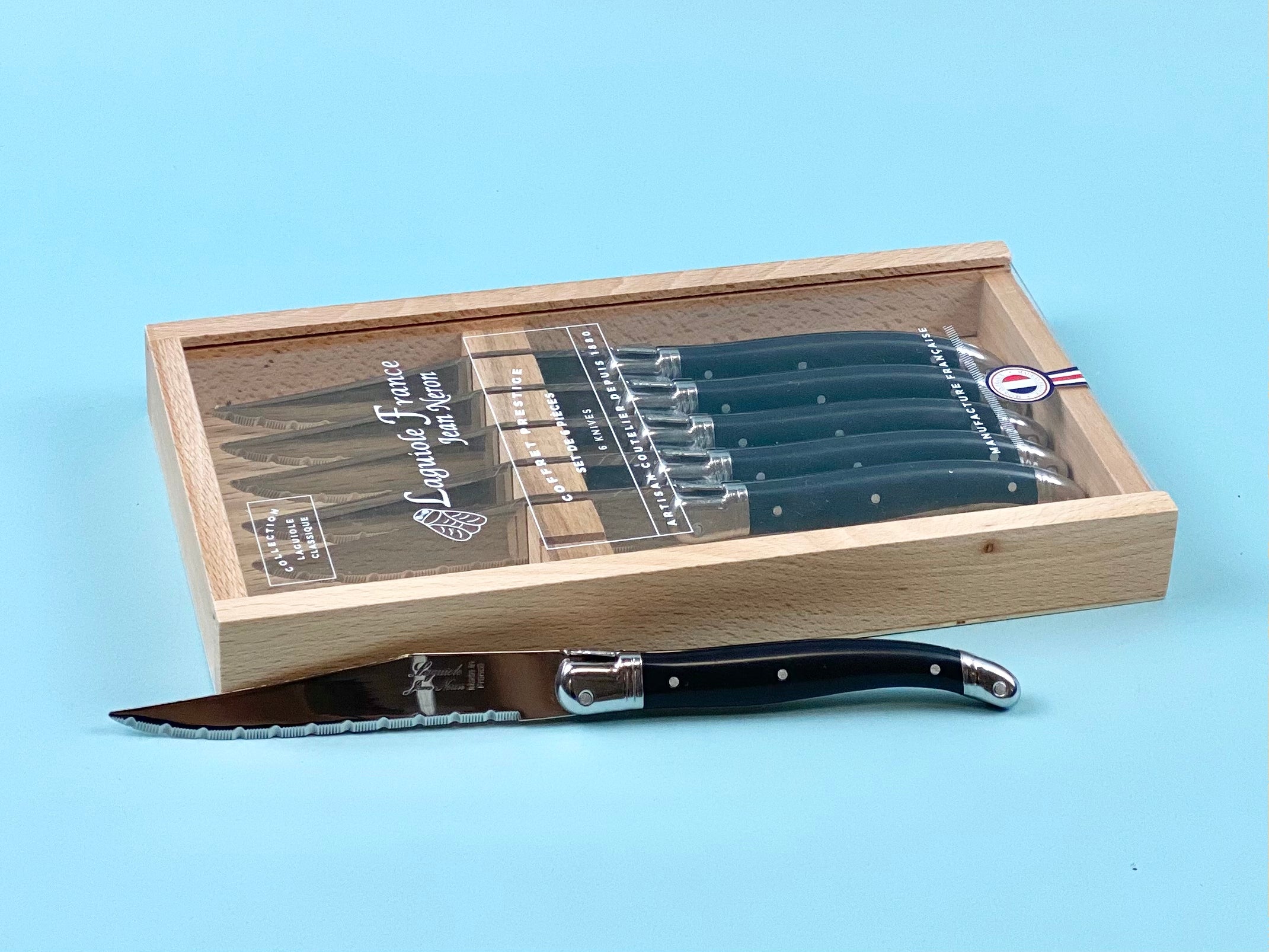 Laguiole Black Knives in Wooden Box with Acrylic Lid (Set of 6) Cutlery Laguiole Brand_Laguiole Kitchen_Dinnerware Kitchen_Kitchenware Knife Sets Laguiole Spring Collection 790060540MBKAL