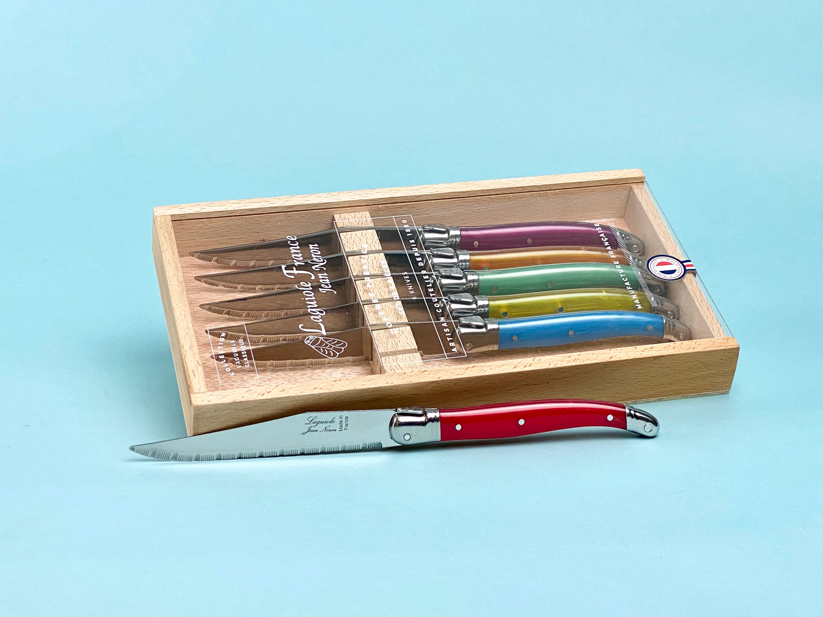 Laguiole Rainbow Knives in Wooden Box with Acrylic Lid (Set of 6) Cutlery Laguiole Brand_Laguiole Flatware Sets Kitchen_Dinnerware Kitchen_Kitchenware Laguiole 790060540NAL