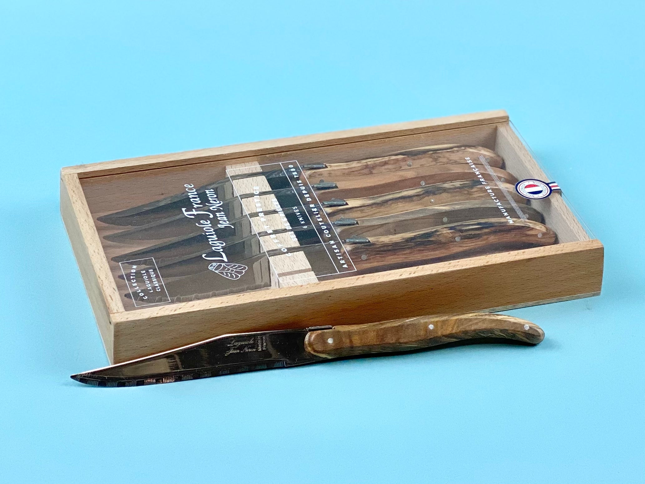 Laguiole Olivewood Knives in Wooden Box with Acrylic Lid (Set of 6) Cutlery Laguiole Brand_Laguiole Flatware Sets Kitchen_Dinnerware Kitchen_Kitchenware Laguiole 790060590OLAL