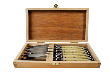 Laguiole Pale Horn Platine Steak Knives in Presentation Box (Set of 6) Cutlery Laguiole Brand_Laguiole Flatware Sets Kitchen_Dinnerware Kitchen_Kitchenware Laguiole 7901-10540MPWH_S6