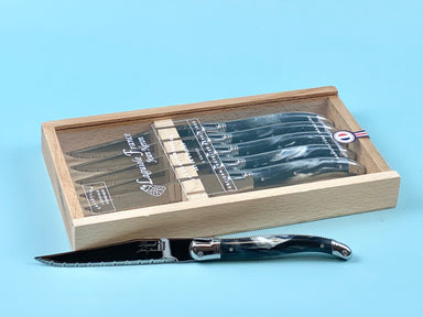 Laguiole Black Marble Platine Knives in Wooden Box with Acrylic Lid (Set of 6) Cutlery Laguiole Brand_Laguiole Kitchen_Dinnerware Kitchen_Kitchenware Knife Sets Laguiole Spring Collection 790160540MBMAL