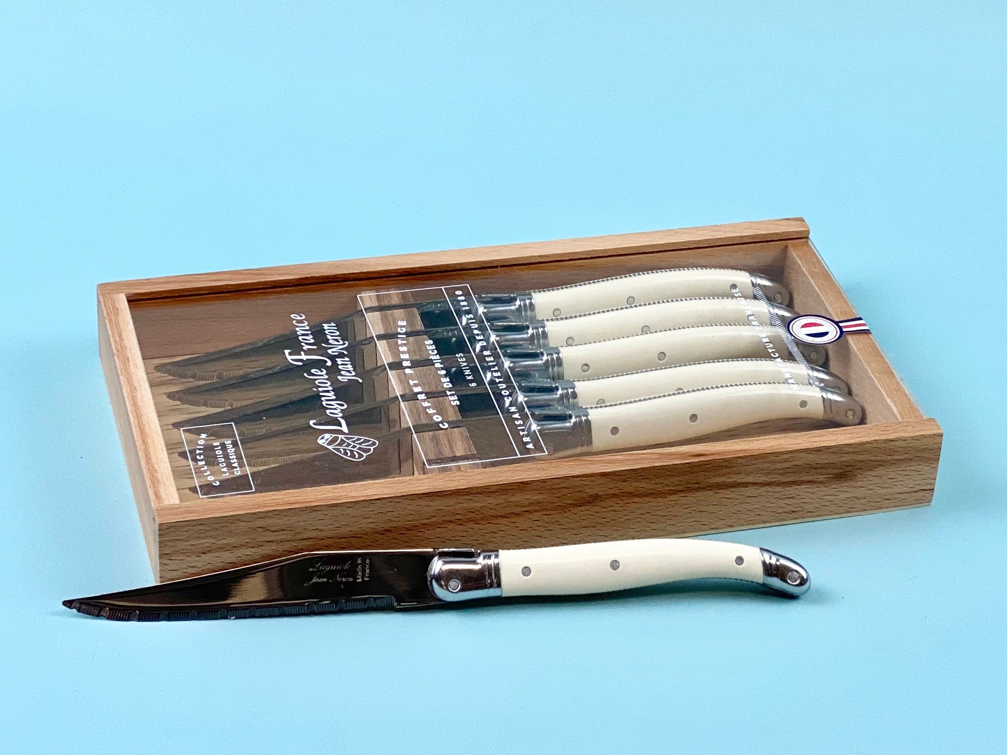 Laguiole Ivory Platine Knives in Wooden Box with Acrylic Lid (Set of 6) Cutlery Laguiole Brand_Laguiole Flatware Sets Kitchen_Dinnerware Kitchen_Kitchenware Laguiole 790160540MIAL