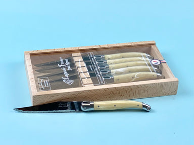Laguiole Pale Horn Platine Knives in Wooden Box with Acrylic Lid (Set of 6) Cutlery Laguiole Brand_Laguiole Flatware Sets Kitchen_Dinnerware Kitchen_Kitchenware Laguiole 790160540MPHAL