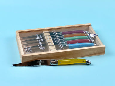 Laguiole Rainbow Platine Knives in Wooden Box with Acrylic Lid (Set of 6) Cutlery Laguiole Brand_Laguiole Flatware Sets Kitchen_Dinnerware Kitchen_Kitchenware Laguiole 790160540NPAL