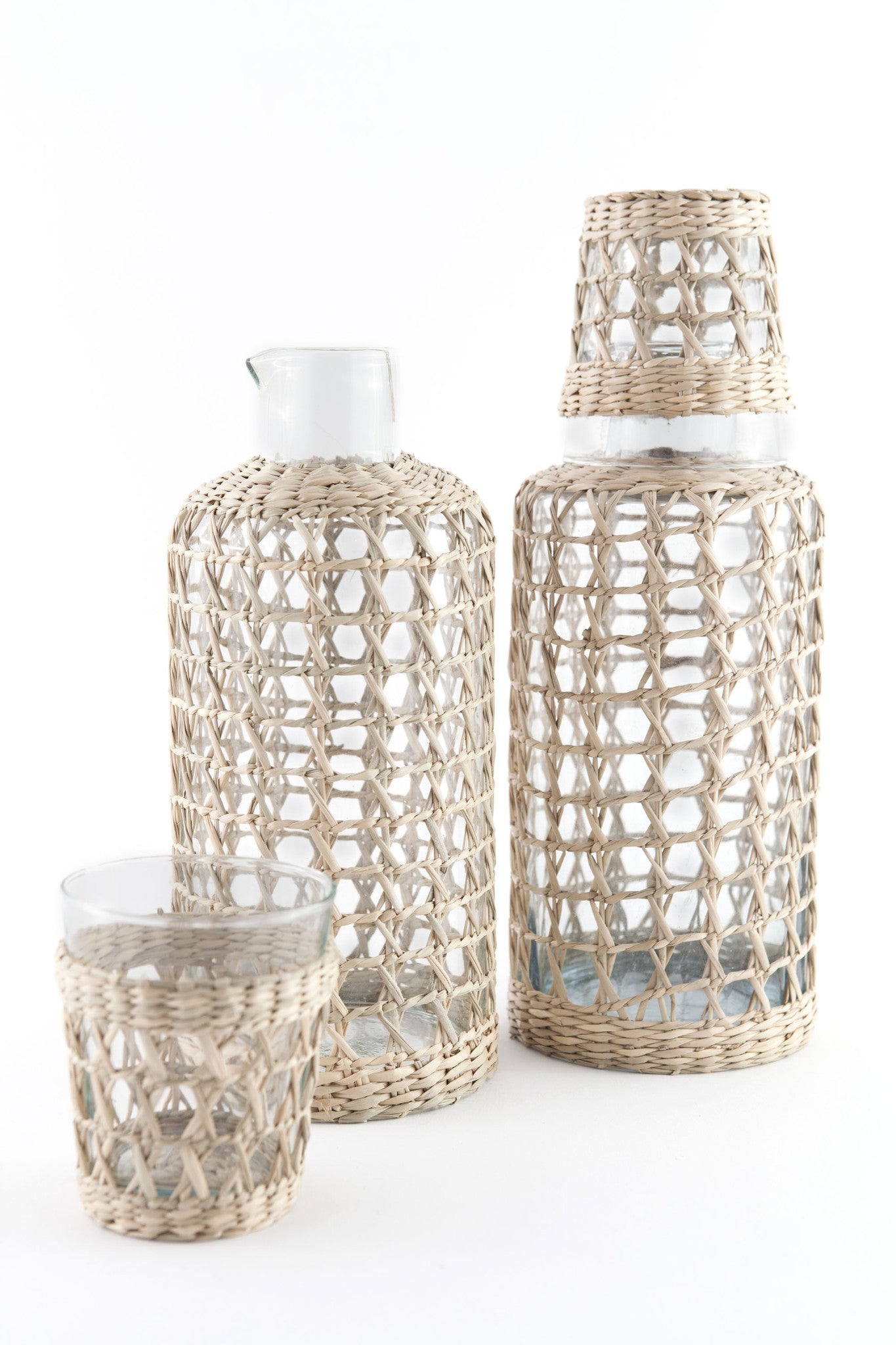Seagrass Large Cage Carafe Glass Seagrass Brand_Seagrass & Rattan Carafes Kitchen_Drinkware Serving Pieces Caged_Carafe_and_Mini_Tumbler_Set_A