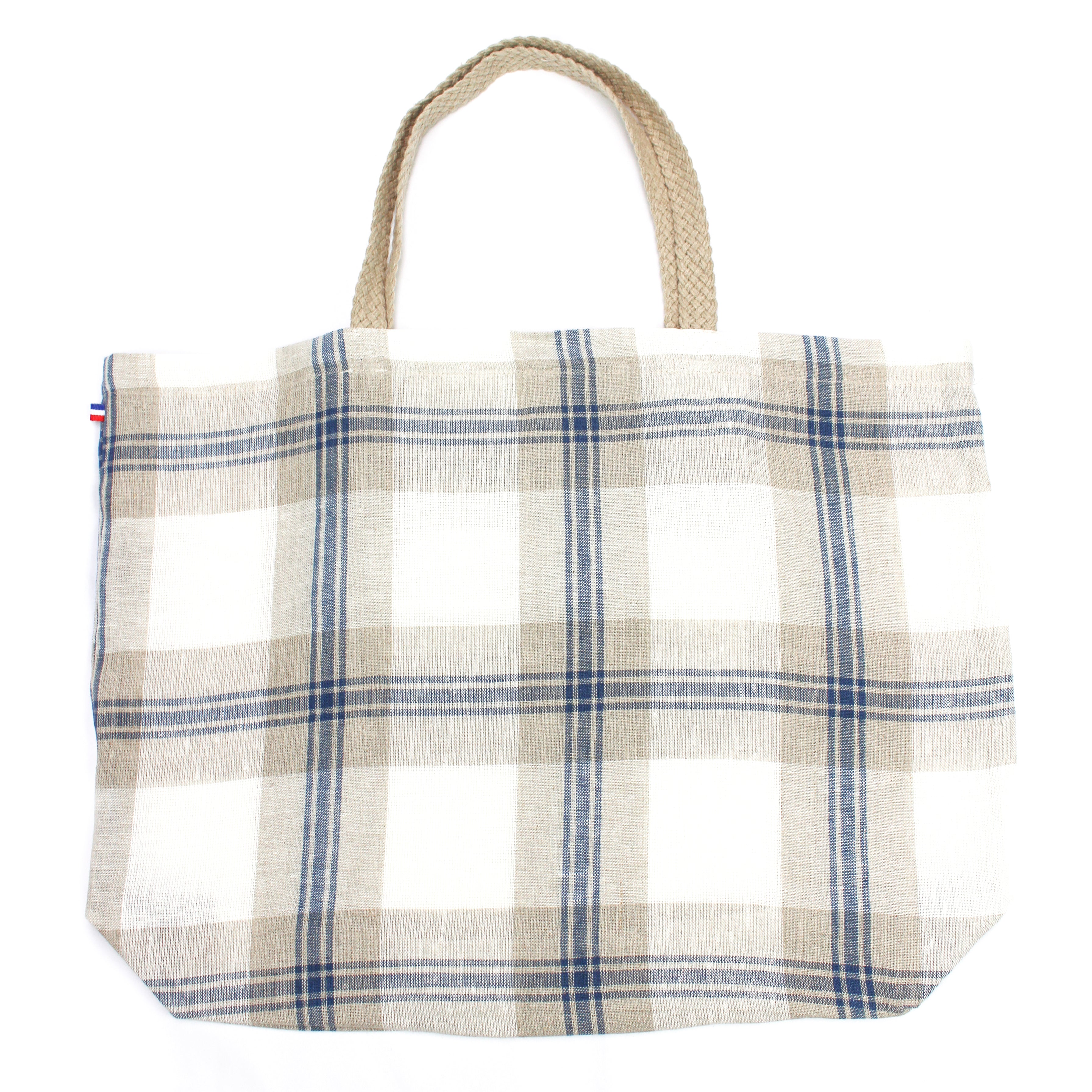 Cassandre Blue Plaid Thieffry Linen Shopping Bag with Braided Handle and Inner Zipper Pocket - Textile - Thieffry - Brand_Thieffry - New Arrivals - Shopping Bags - Textiles_Tote Bags - Thieffry - IMG_0327_edit