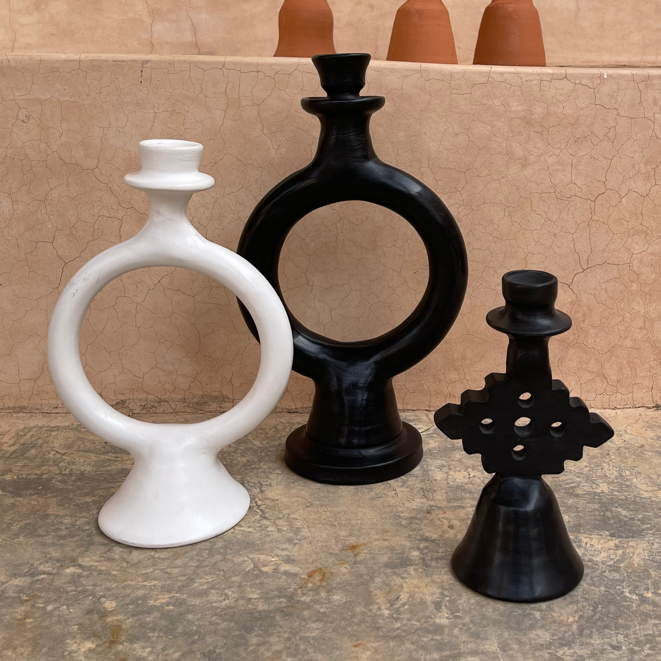 Moroccan Glazed Terracotta Candle Holders Candle Holders Une Vie Nomade Brand_Une Vie Nomade Home_Candles & Accessories Home_Decor New Arrivals Une Vie Nomade IMG_1764-2-Moroccan-Terracotta-Glazed-Black-and-White-Candle-Holders