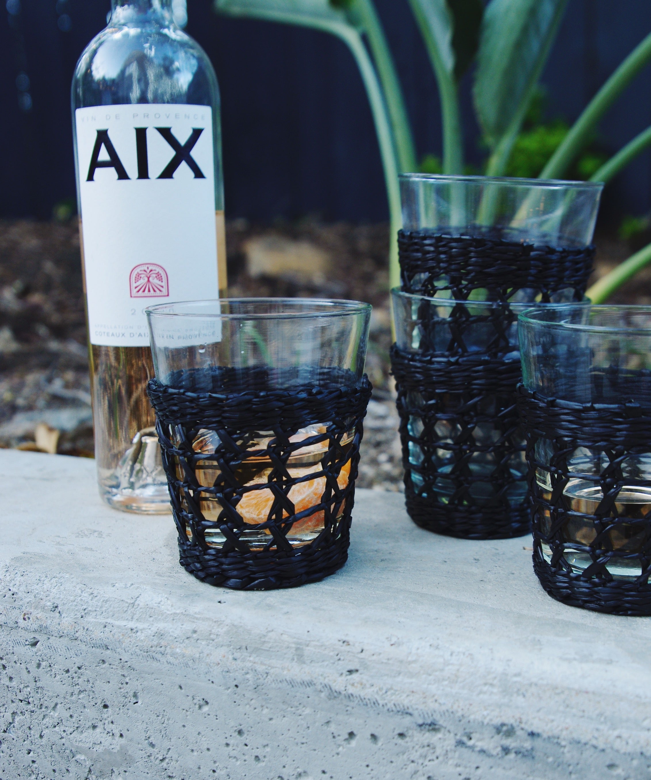 Seagrass Cage Wide Tumbler in Black Glass Seagrass Brand_Seagrass & Rattan Champagne Flutes Cocktail Kitchen_Drinkware IMG_3277blackseagrasswidecagetumbler