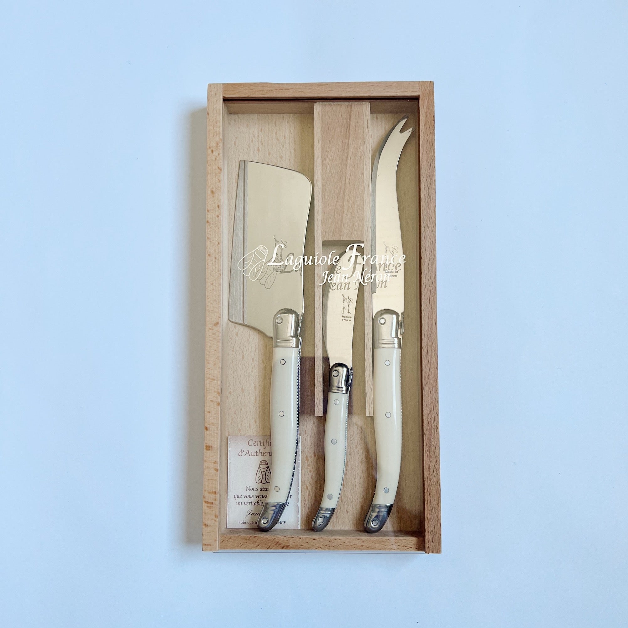 Laguiole Ivory Platine Large Cheese Set in Wood Box with Acrylic Lid (Set of 3) Cutlery Set Laguiole Brand_Laguiole Cheese Sets Kitchen_Dinnerware Kitchen_Kitchenware Laguiole Loose Mini Rainbow Utensils IMG_6037__7901-30544P_I__LargeCheesesetIvorysetof3platine-small