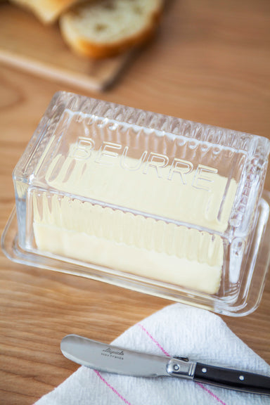 Depression Glass Butter Dish "BEURRE" Glass Depression Glassware Brand_Depression Glassware Kitchen_Serveware Kitchen_Storage Serveware Kiss_That_Frog_Depression_Glass_-_Beurre_Butter_Keeper