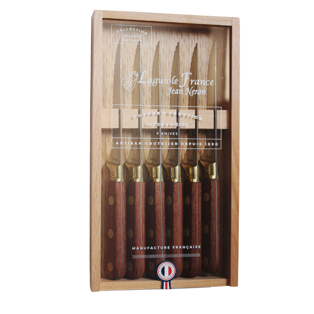 La Fourmi Laiton Steak Knives in Wooden Box with Acrylic Lid (Set of 6) Cutlery La Fourmi Brand_La Fourmi Brand_Laguiole Kitchen_Dinnerware Kitchen_Kitchenware Knife Sets La Fourmi New Arrivals LaFourmiLaitonSteakKnivesinWoodenBoxwithAcrylicLid7900-60530LT_AL