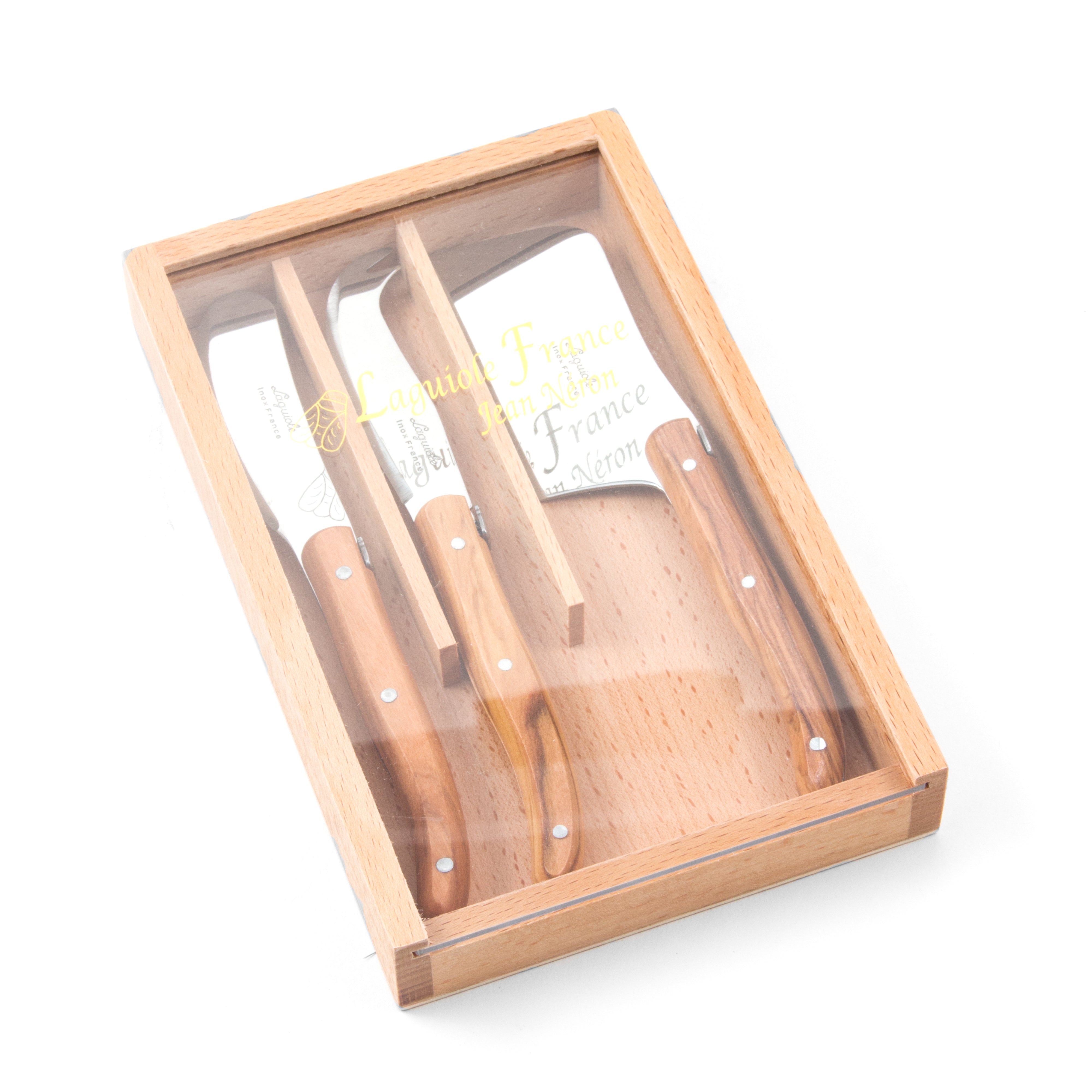 Laguiole Mini Olivewood Cheese Set in Wooden Box with Acrylic Lid (Set of 3) Cutlery Set Laguiole Brand_Laguiole Cheese Sets Gift Sets Kitchen_Dinnerware Kitchen_Kitchenware Laguiole Loose Mini Rainbow Utensils Mini Cheese Sets Laguiole_Cheese_Knives_S_3_-_Olivewood_in_box