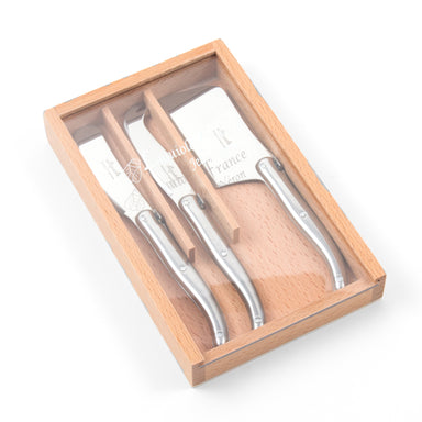 Laguiole Mini Stainless Steel Cheese Set in Wooden Box with Acrylic Lid (Set of 3) Cutlery Set Laguiole Brand_Laguiole Cheese Sets Gift Sets Kitchen_Dinnerware Kitchen_Kitchenware Laguiole Loose Mini Rainbow Utensils Mini Cheese Sets Laguiole_Cheese_Knives_S_3_-_Stainless_Steel_in_box