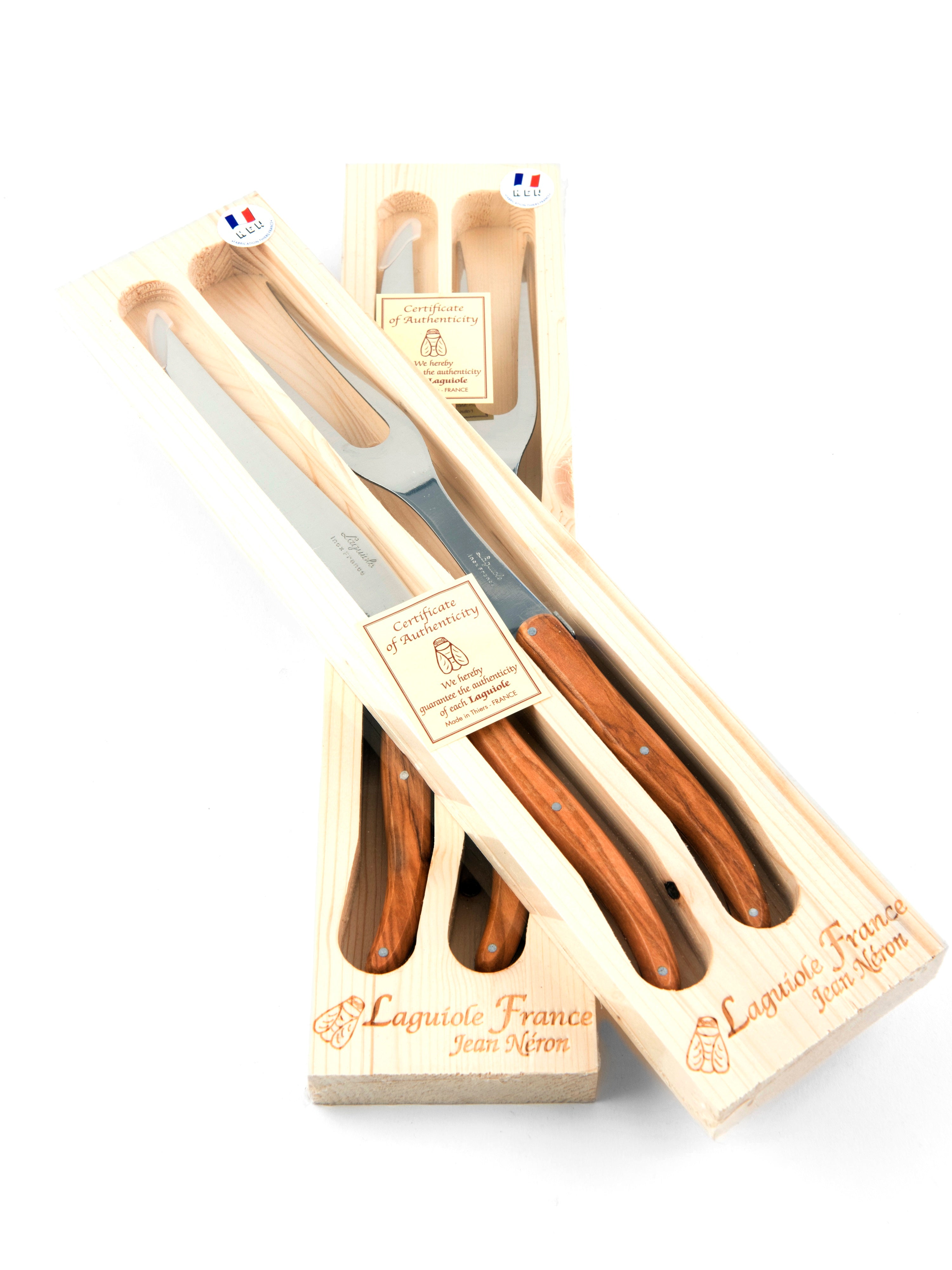 Laguiole French Olivewood Carving in Wood Box - Regular Finish Cutlery Laguiole Brand_Laguiole Carving Sets Kitchen_Dinnerware Laguiole Laguiole_machine_finished_carving_set_OL