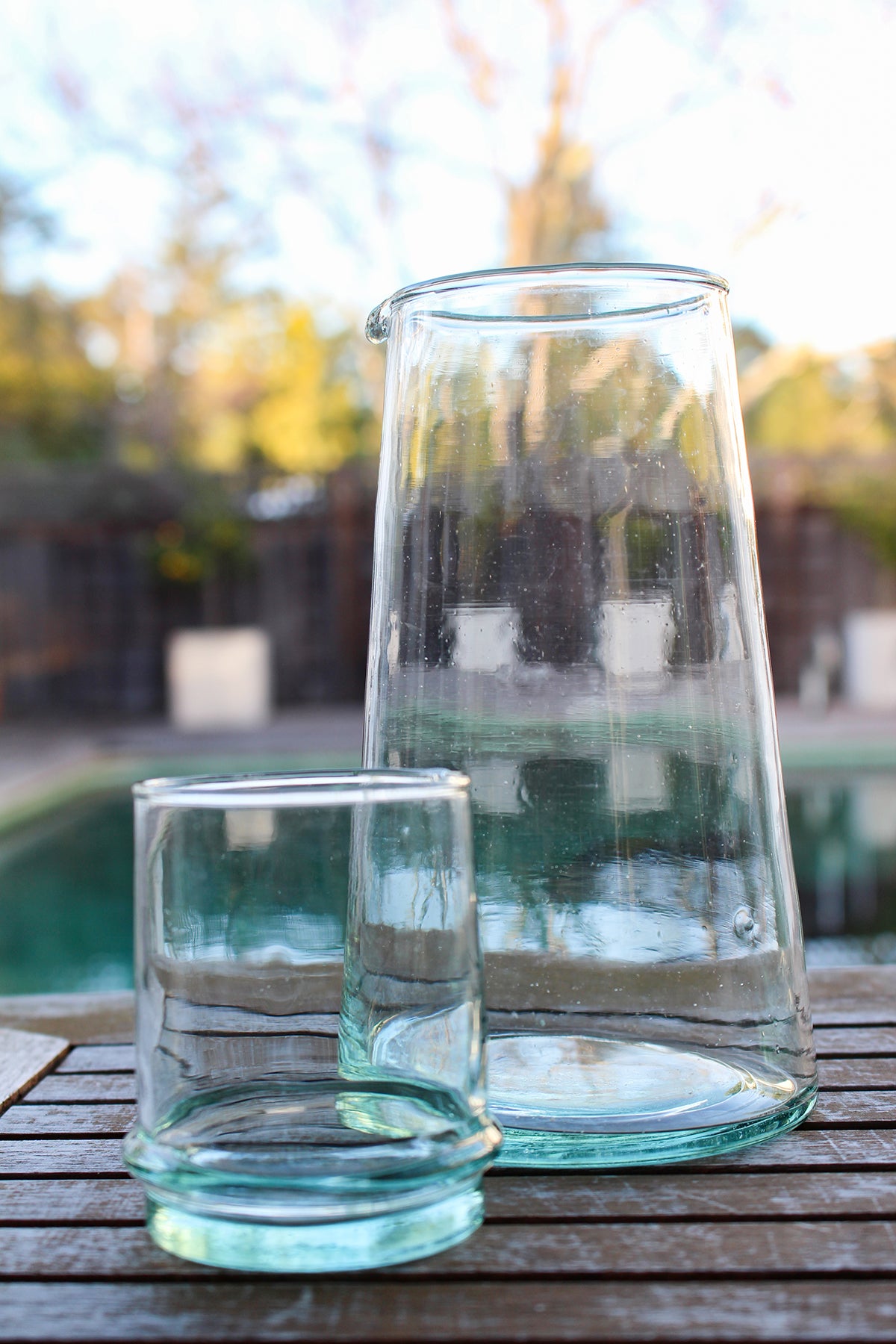 Beldi Small Tapered Carafe Clear Glass Kessy Beldi Brand_Une Vie Nomade Carafes Kitchen_Drinkware Wine Glasses Moroccan-Kessy-Beldi-Clear-Glass-Carafe-Set