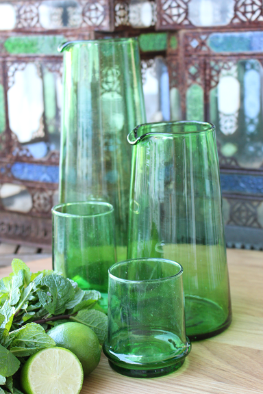 Beldi Small Tapered Carafe Green Glass Kessy Beldi Brand_Une Vie Nomade Carafes Kitchen_Drinkware Wine Glasses Moroccan-Kessy-Beldi-Green-Glass-Carafe_d38e676e-dcc2-4996-9d74-75e9be193274