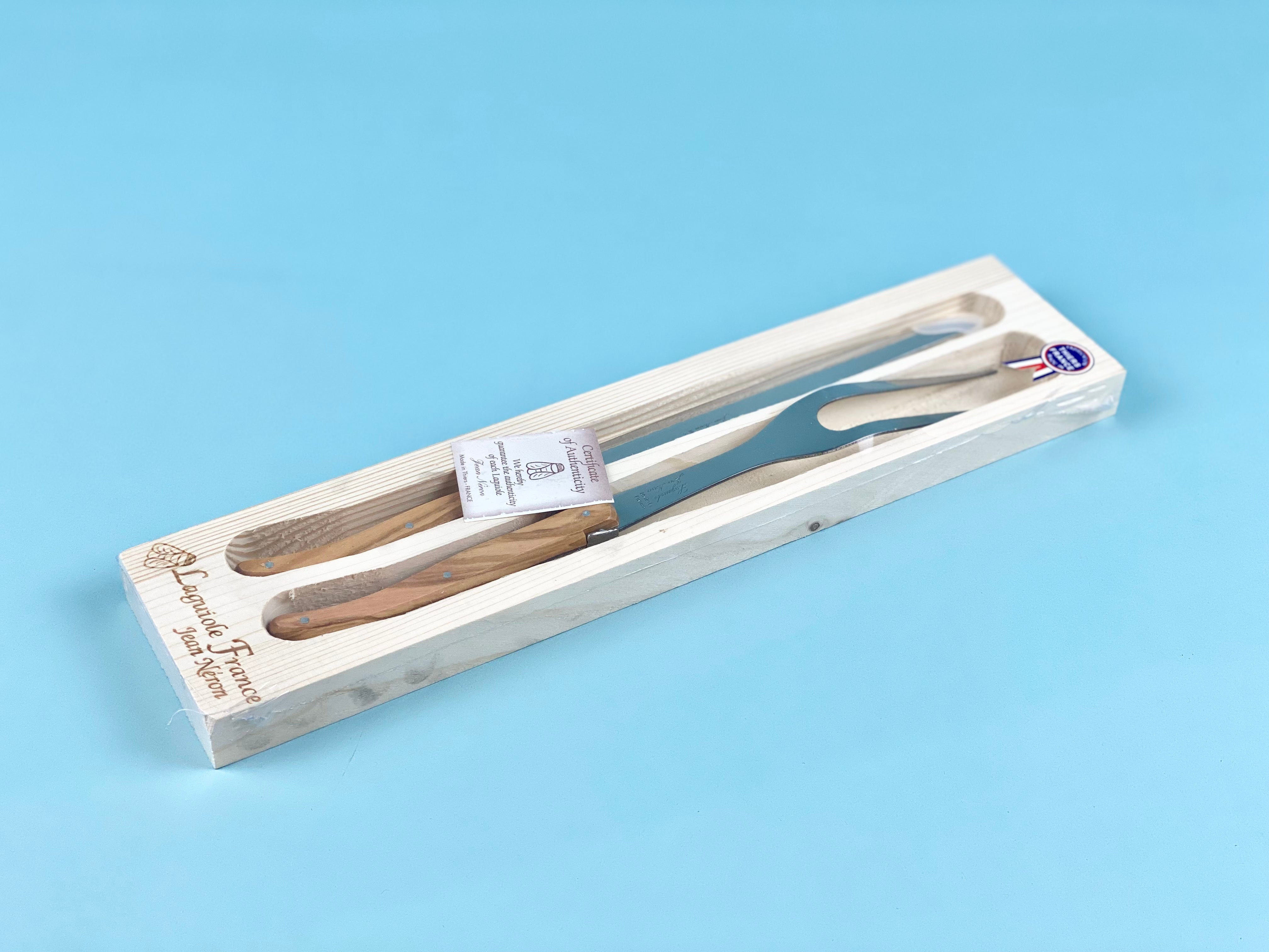 Laguiole French Olivewood Carving in Wood Box - Regular Finish Cutlery Laguiole Brand_Laguiole Carving Sets Kitchen_Dinnerware Laguiole PhotoJul27_101115AM