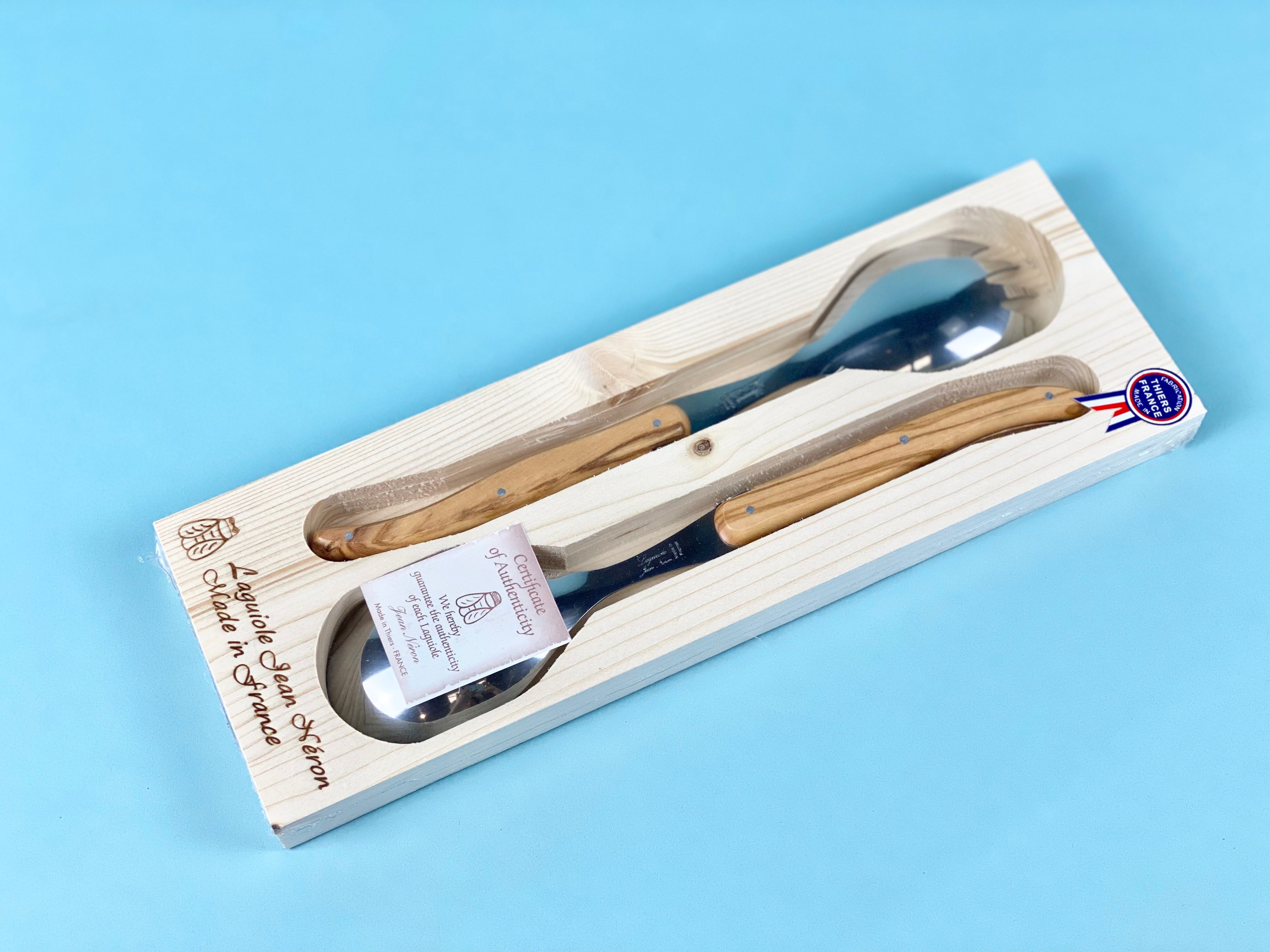 Laguiole French Olivewood Serving Set in Wood Box - Regular Finish Cutlery Laguiole Brand_Laguiole Carving Sets Kitchen_Dinnerware Laguiole Serveware PhotoJul27_101649AM