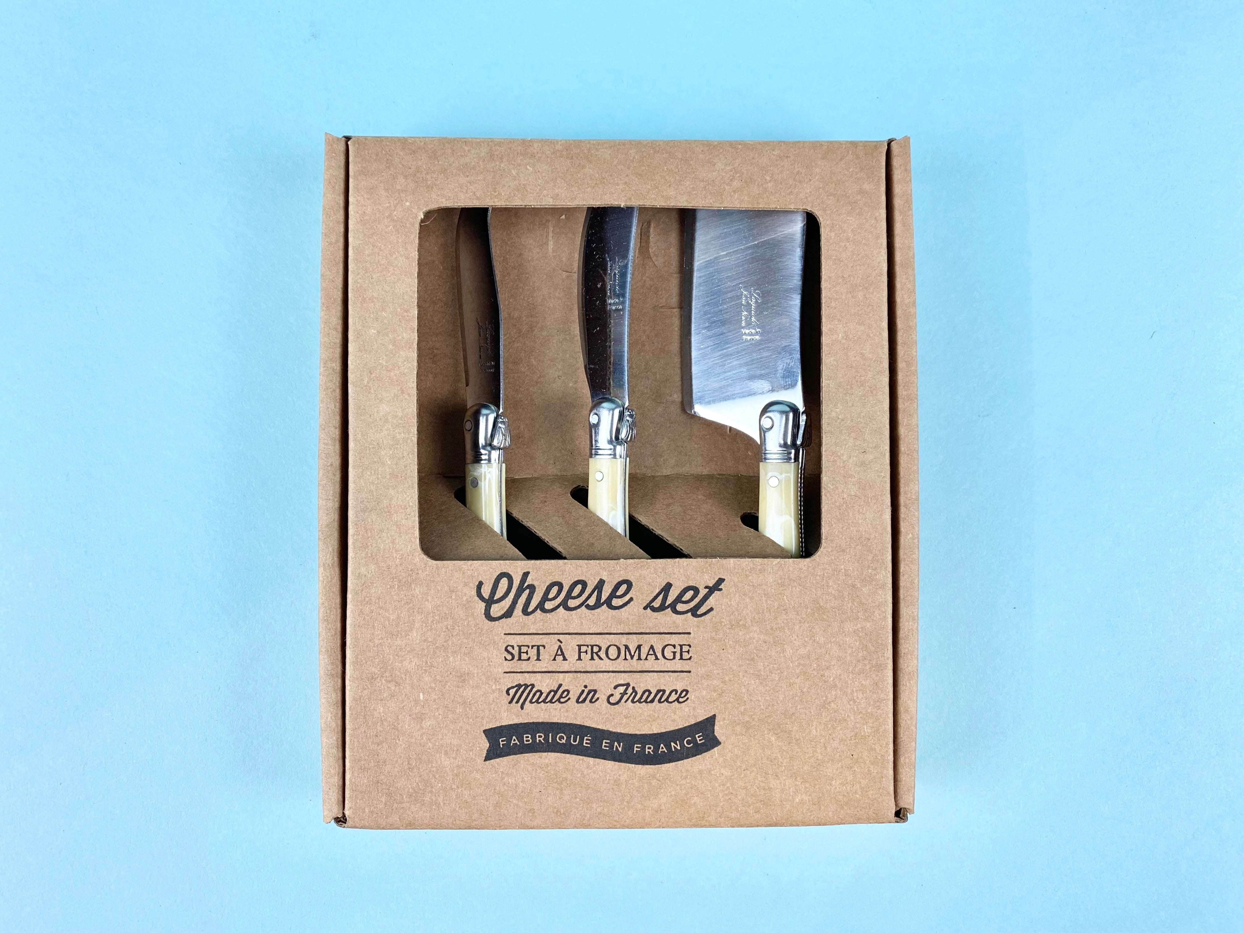 Laguiole Pale Horn Mini Cheese Set in Brown Box (Cutter, Spreader, Fork Tipped Knife) Cutlery Set Laguiole Brand_Laguiole Flatware Sets Gift Sets Kitchen_Dinnerware Kitchen_Kitchenware Laguiole Mini Cheese Sets PhotoJul27_103609AM