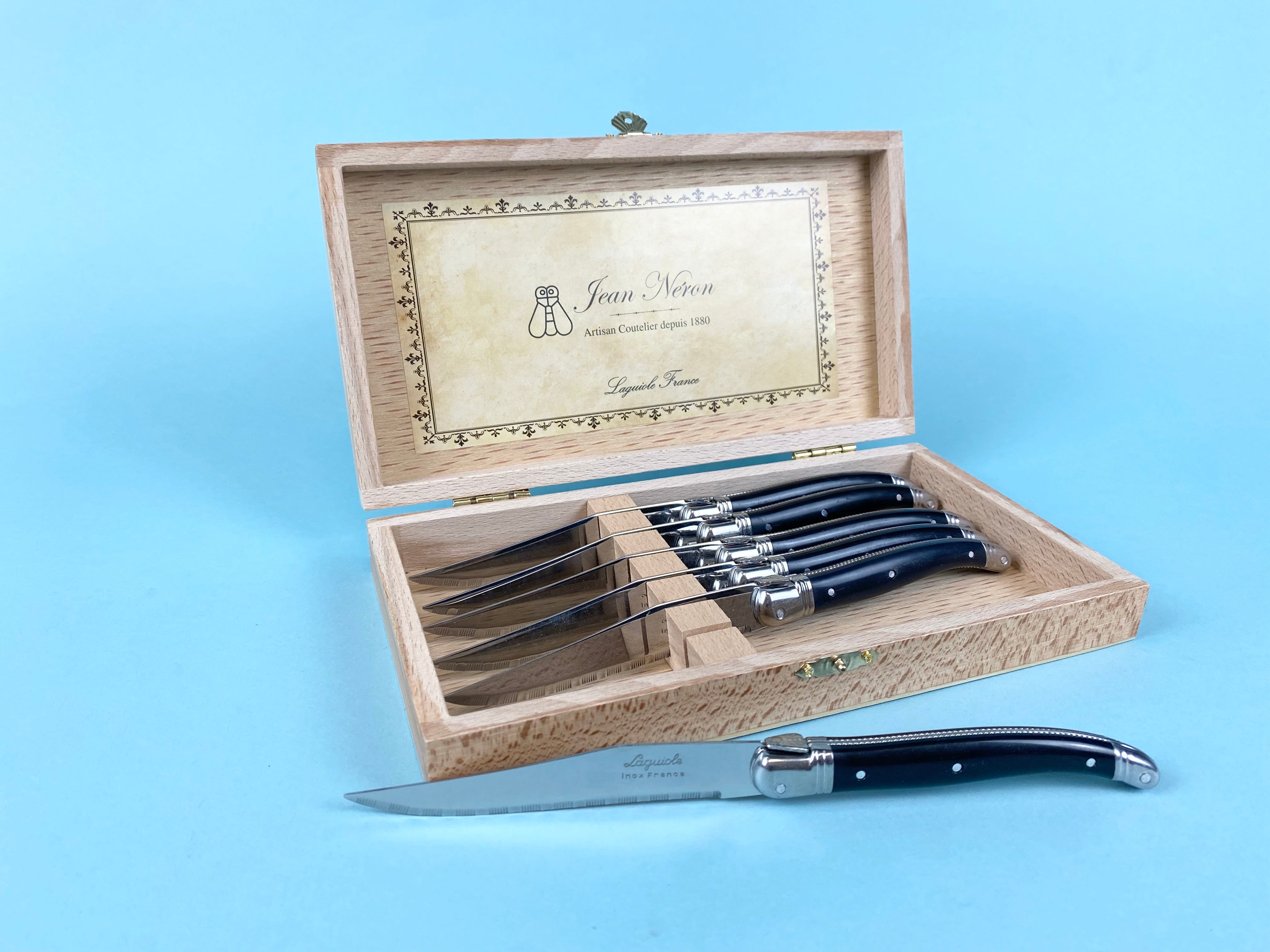 Laguiole Black Platine Knives in Presentation Box (Set of 6) Cutlery Laguiole Brand_Laguiole Kitchen_Dinnerware Kitchen_Kitchenware Knife Sets Laguiole Spring Collection PhotoJul27_104027AM